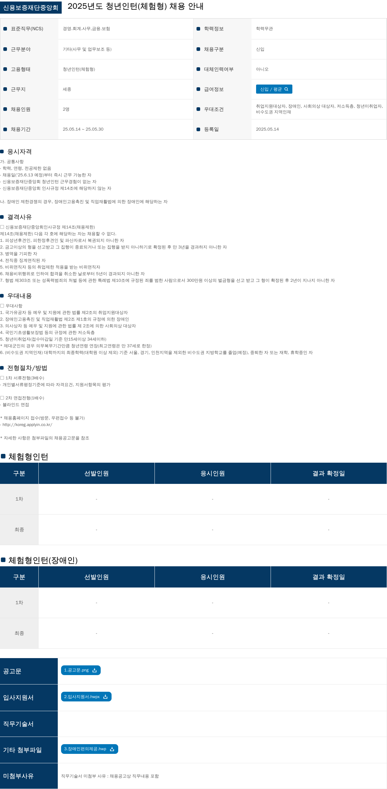 신용보증재단중앙회 2025년도 청년 인턴(체험형) 채용 안내 채용공고