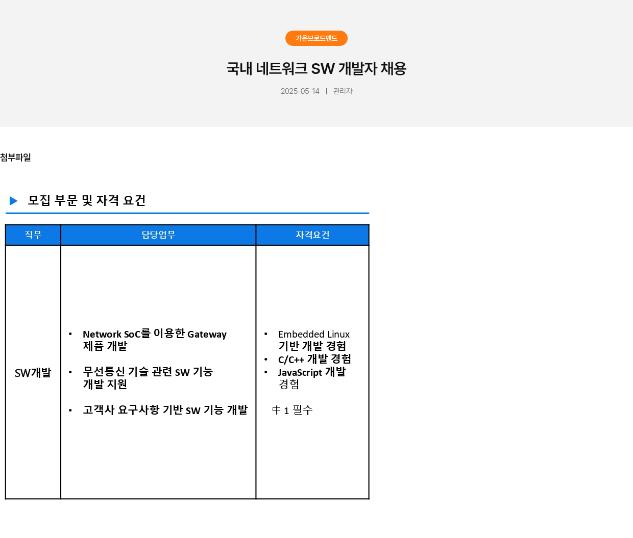 가온브로드밴드 국내 네트워크 SW 개발자 채용 채용공고