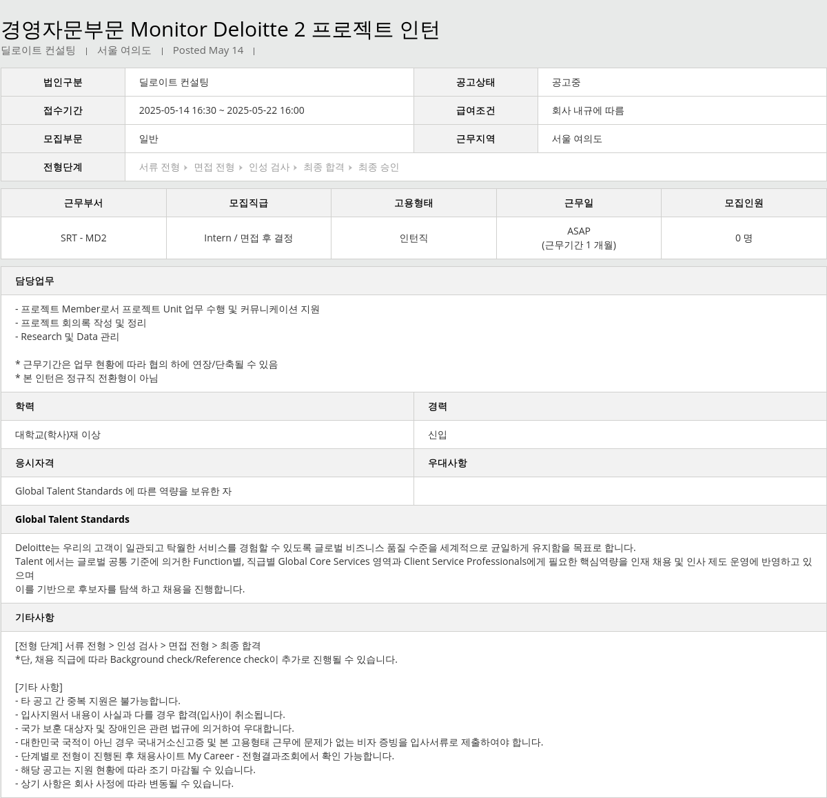 딜로이트안진 경영 자문 부문 Monitor Deloitte 2 프로젝트 인턴 채용공고