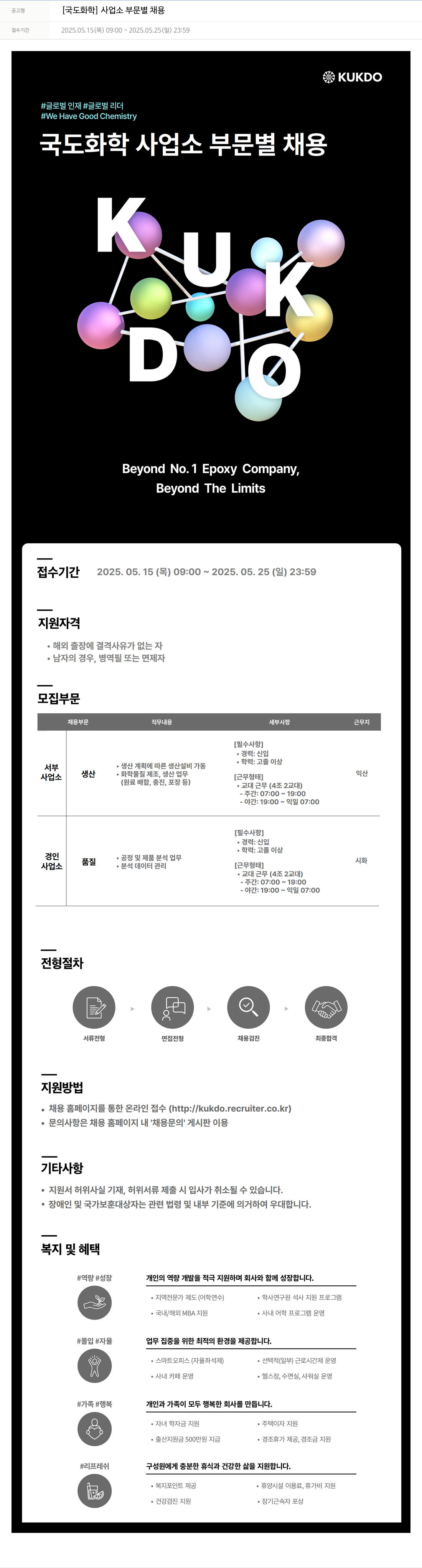 국도화학 사업소 부문 별 채용 채용공고