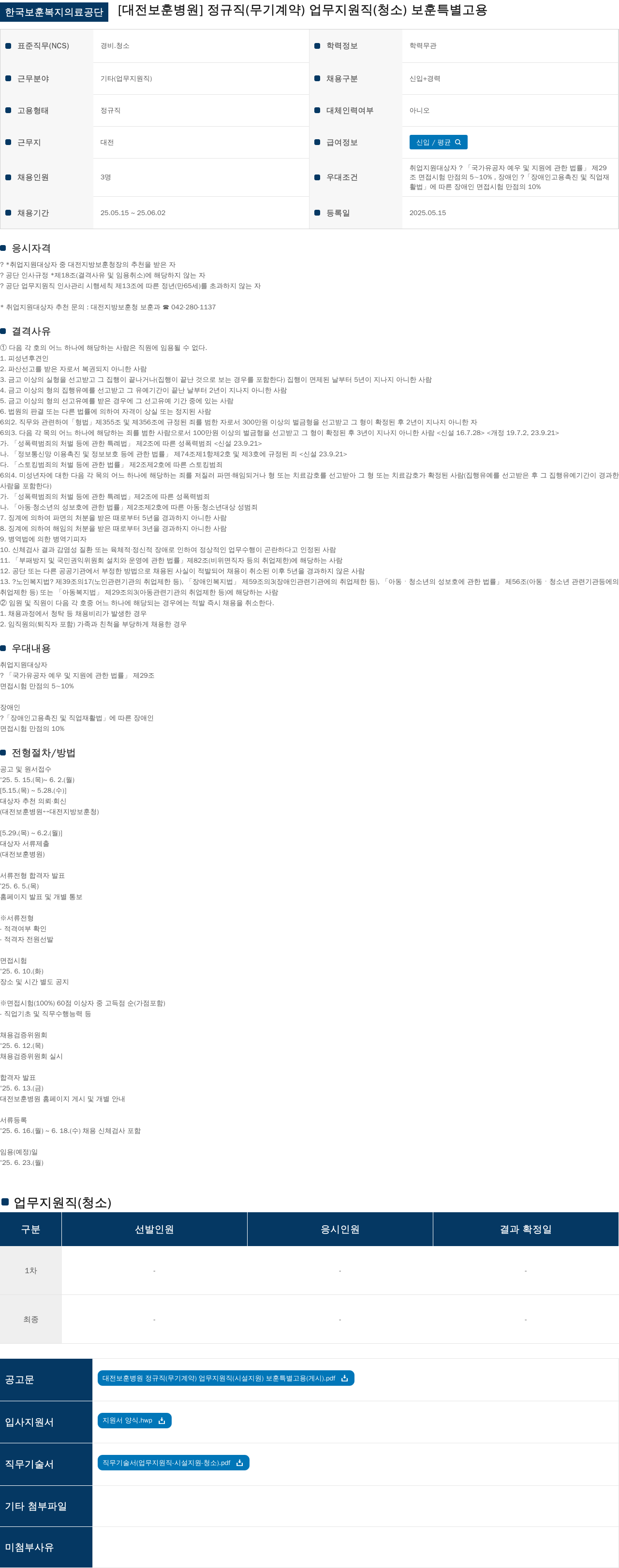 한국보훈복지의료공단 정규직(무기계약) 업무지원직(청소) 보훈특별고용 채용공고 채용공고