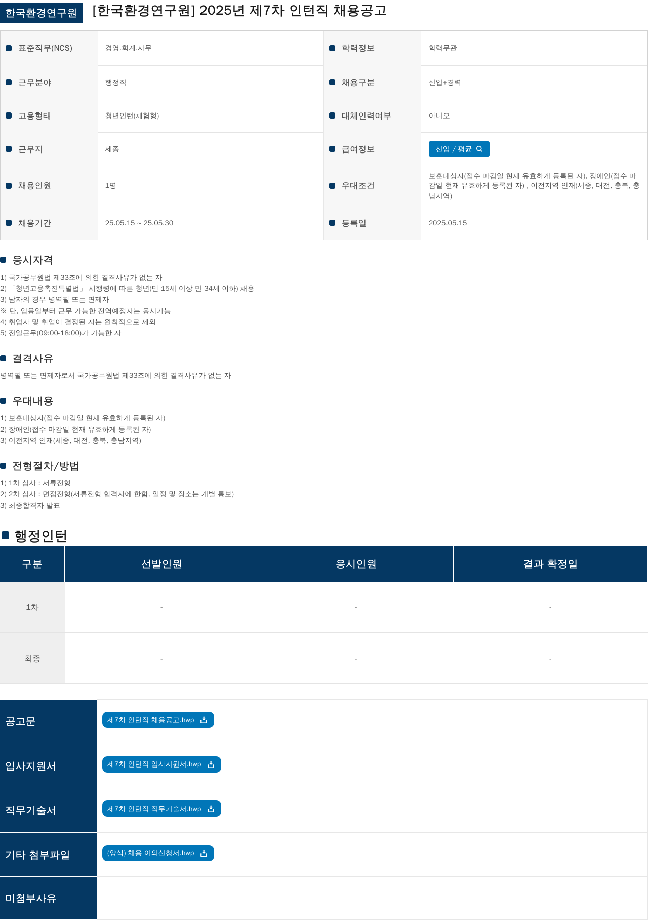 한국환경연구원 2025년 제7차 인턴직 채용 공고 채용공고