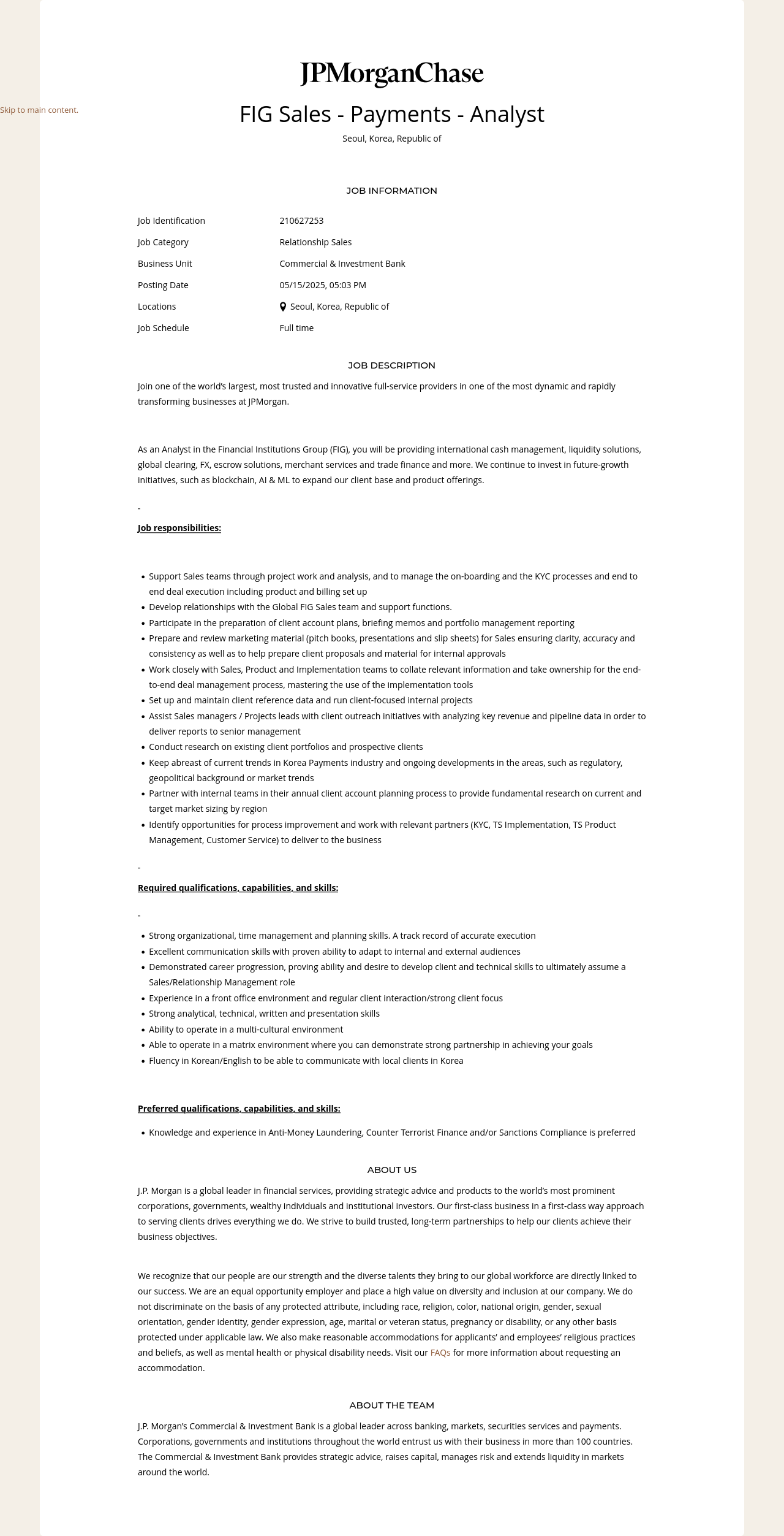 JPMorganChase FIG Sales Payments - Analyst 채용공고