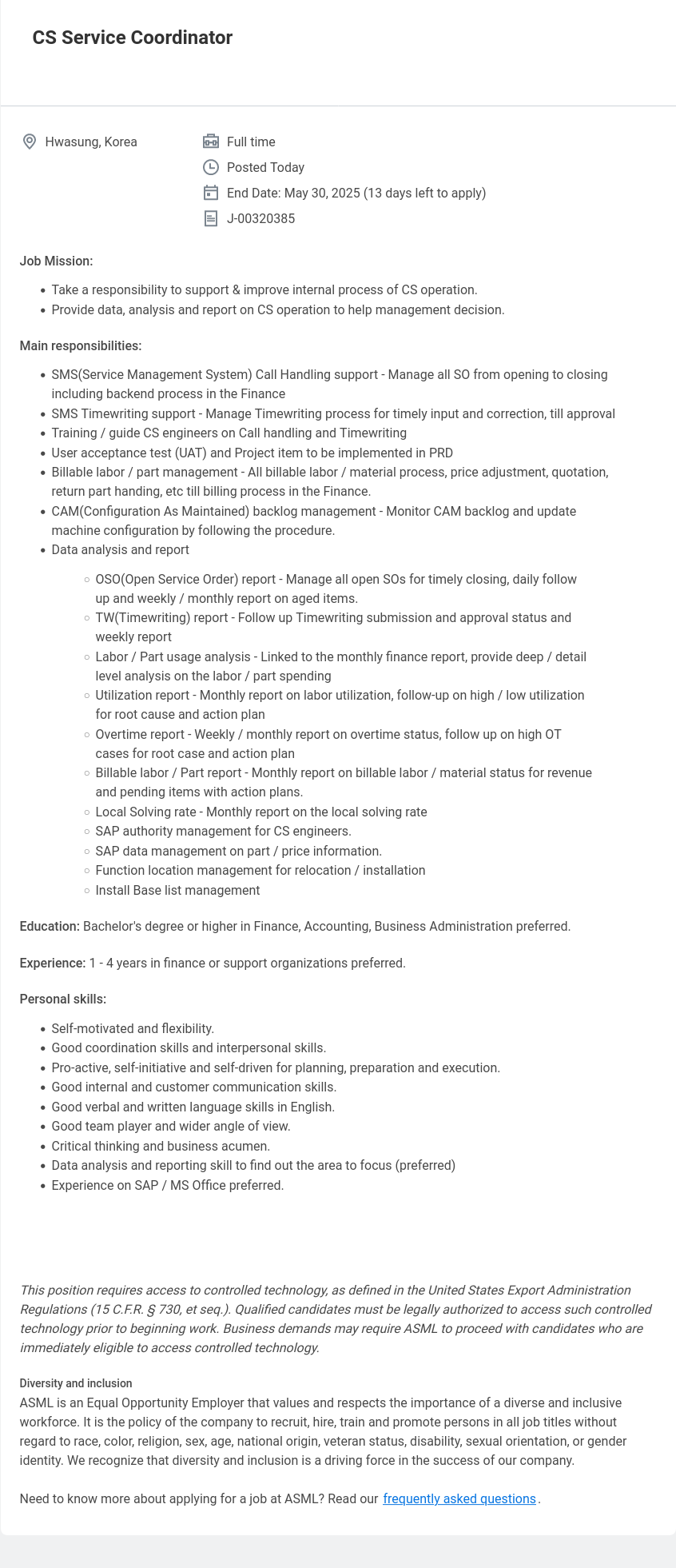 ASML CS Service Coordinator 채용공고