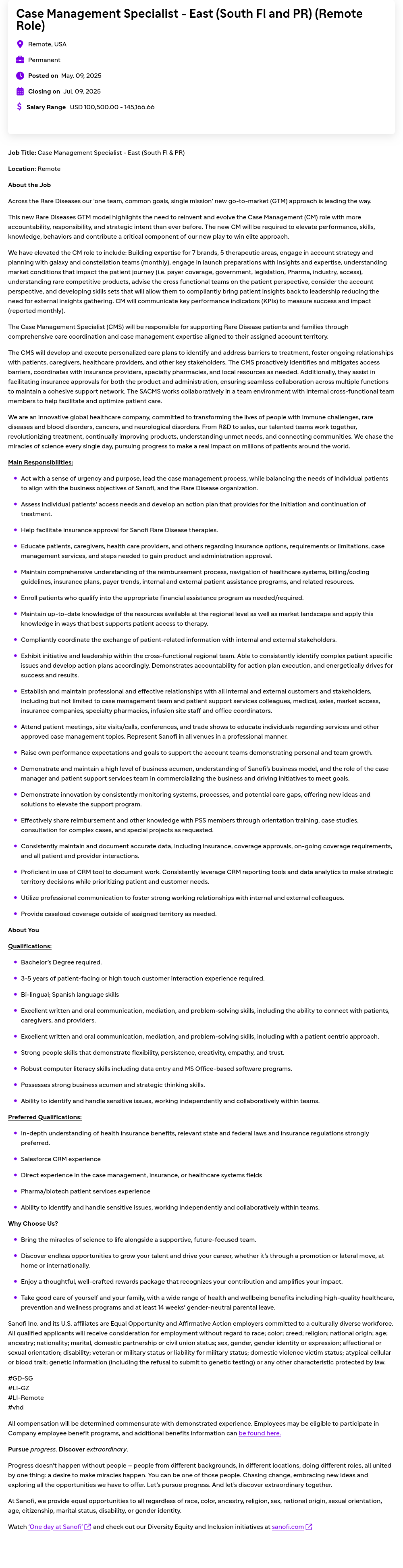 사노피 Case Management Specialist - East (South FL and PR) (Remote Role) 채용공고