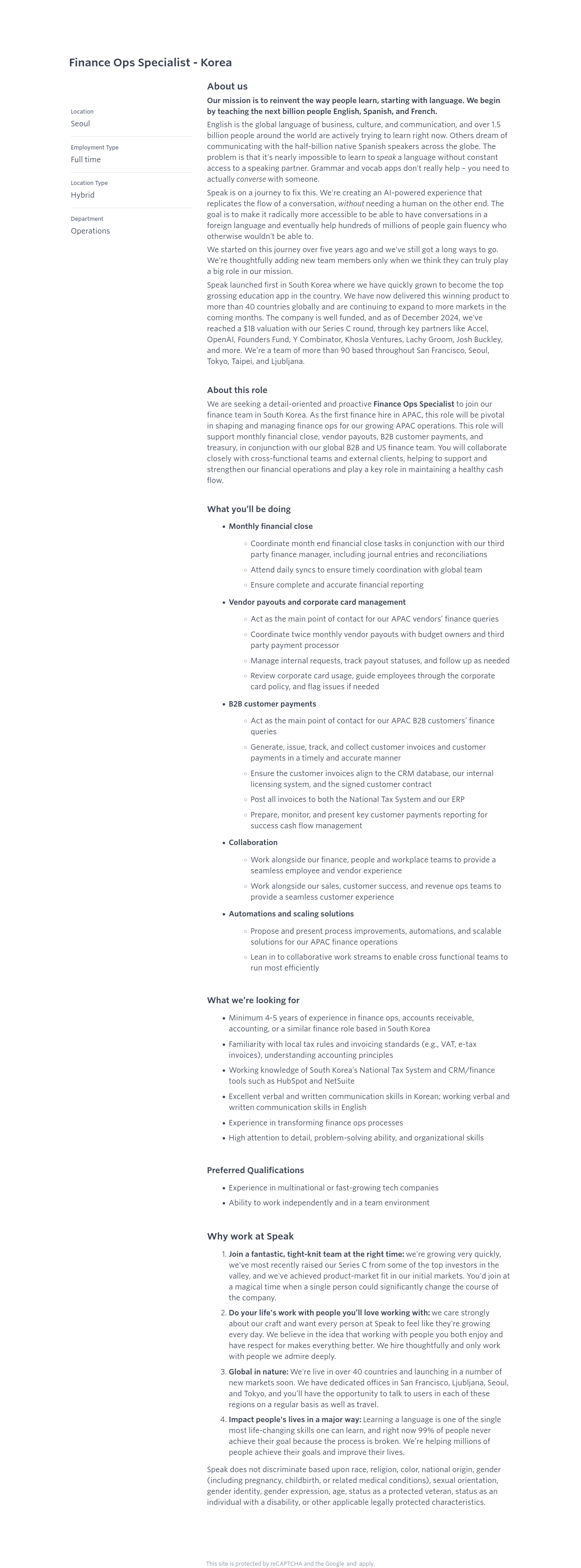 스픽 Finance Ops Specialist - Korea 채용공고