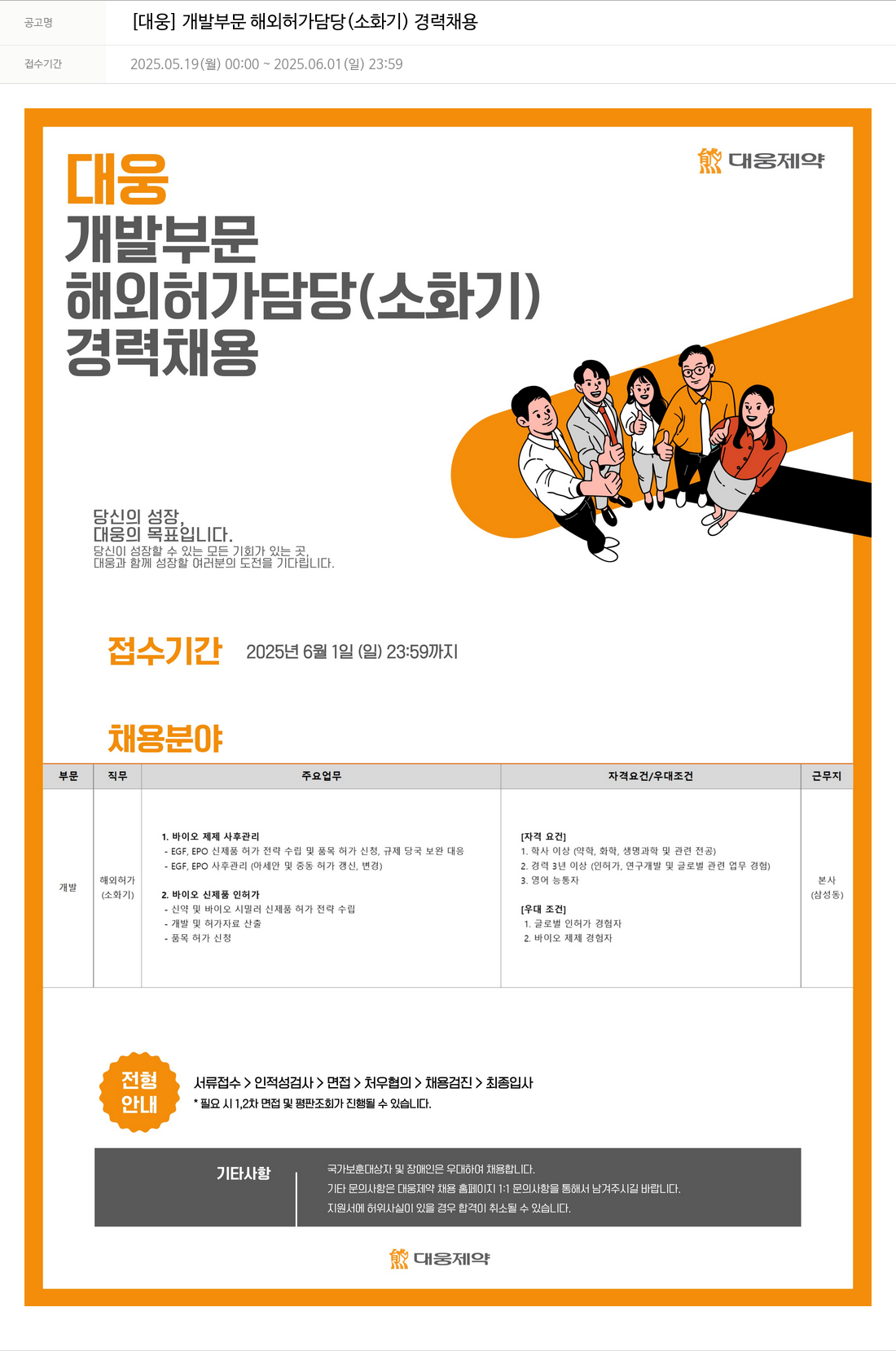 대웅제약 [대웅] 개발 부문 해외 허가 담당(소화기) 경력 채용 채용공고