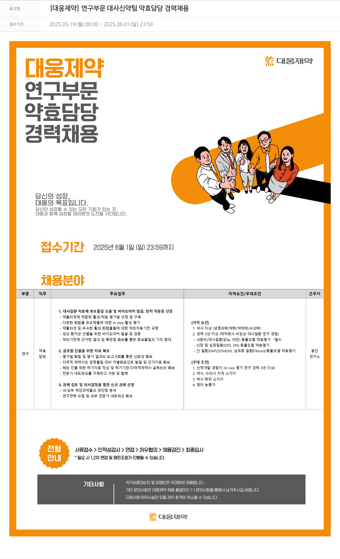 대웅제약 [대웅제약] 연구 부문 대사 신약 팀 약효 담당 경력 채용 채용공고