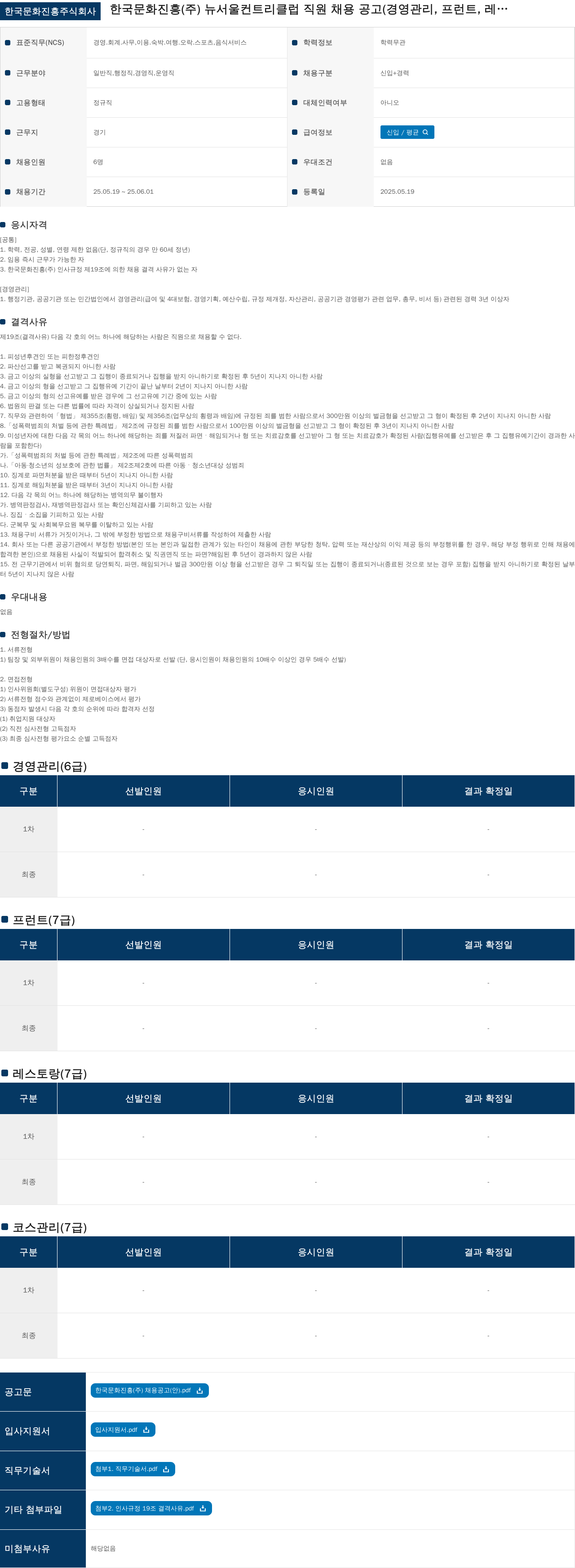 한국문화진흥 뉴서울 컨트리클럽 직원 채용 공고 (경영관리, 프런트, 레스토랑, 코스관리) 채용공고
