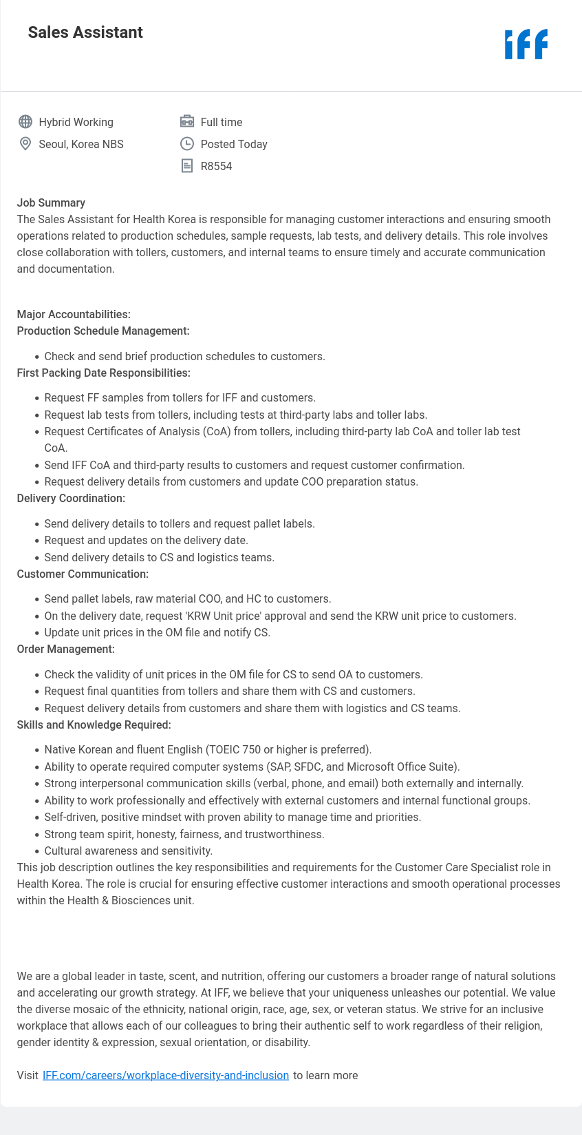 IFF Sales Assistant (Health Korea) 채용공고
