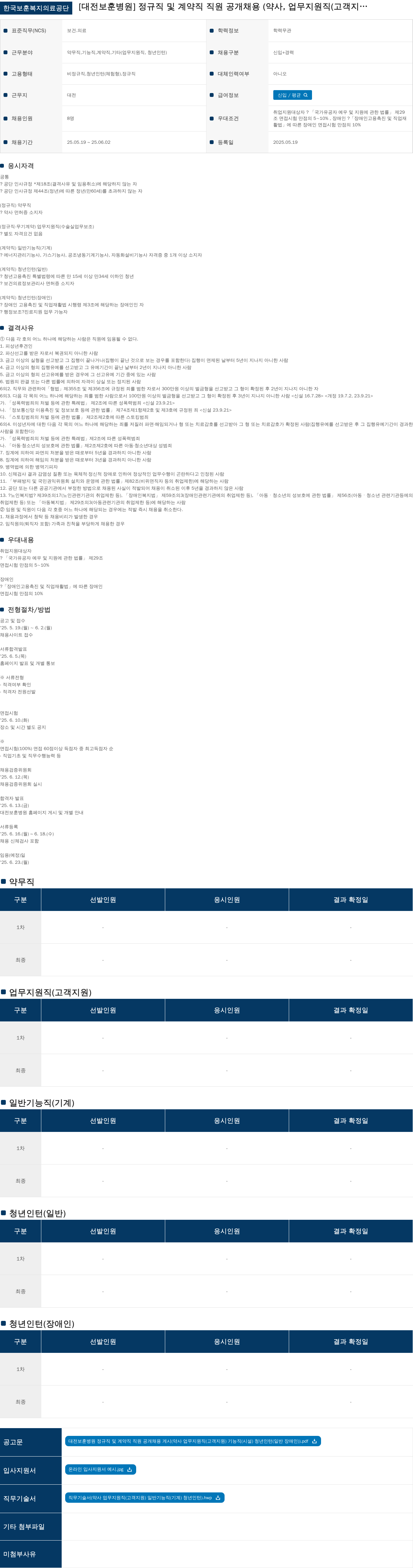 한국보훈복지의료공단 정규직 및 계약직 직원 공개 채용 (약사, 업무지원직(고객지원), 기능직(기계), 청년인턴(일반/장애인)) 채용공고