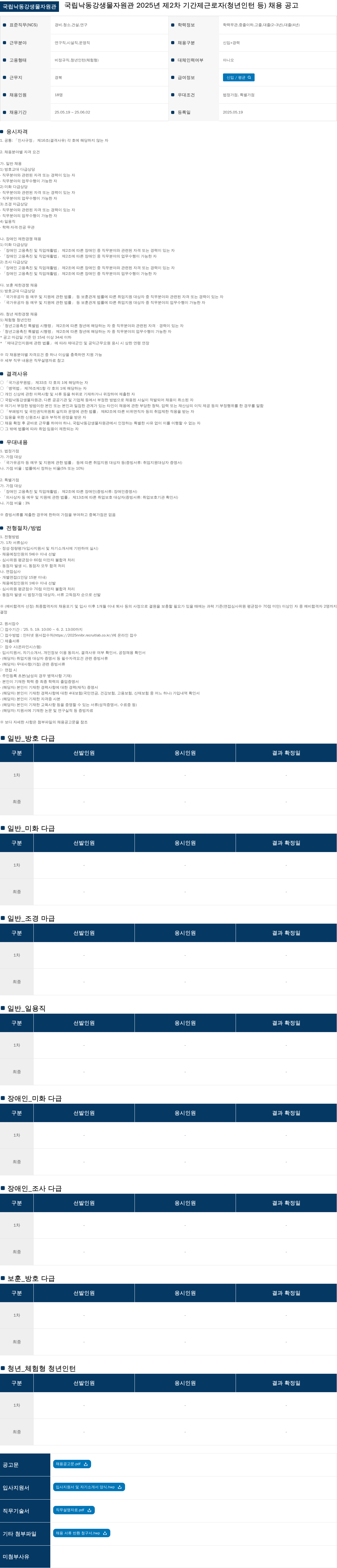 국립낙동강생물자원관 2025년 제2차 기간제 근로자(청년 인턴 등) 채용 공고 채용공고