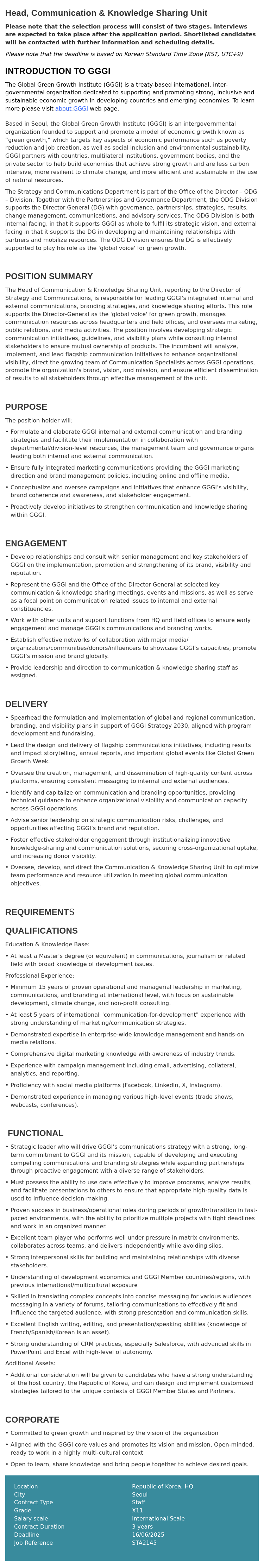 글로벌녹색성장기구 Head, Communication & Knowledge Sharing Unit 채용 채용공고