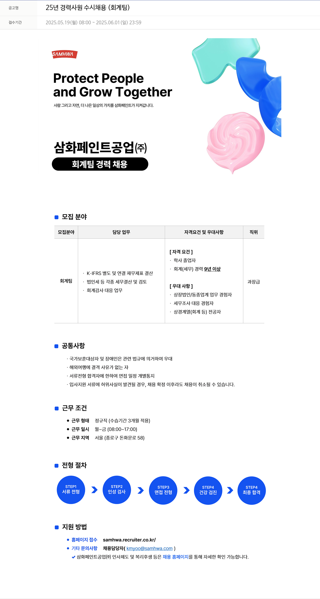 삼화 25년 경력 사원 수시 채용 (회계팀) 채용공고