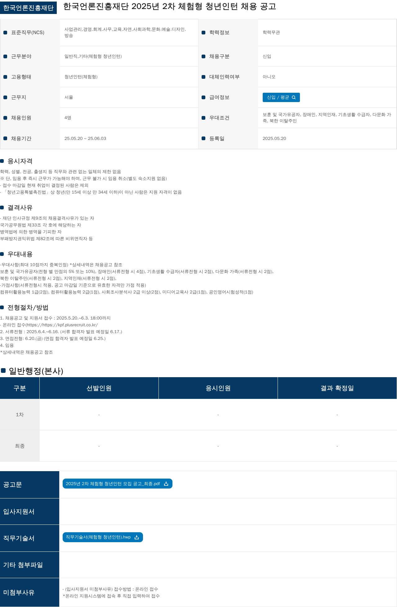 한국언론진흥재단 2025년 2차 체험형 청년 인턴 채용 공고 채용공고