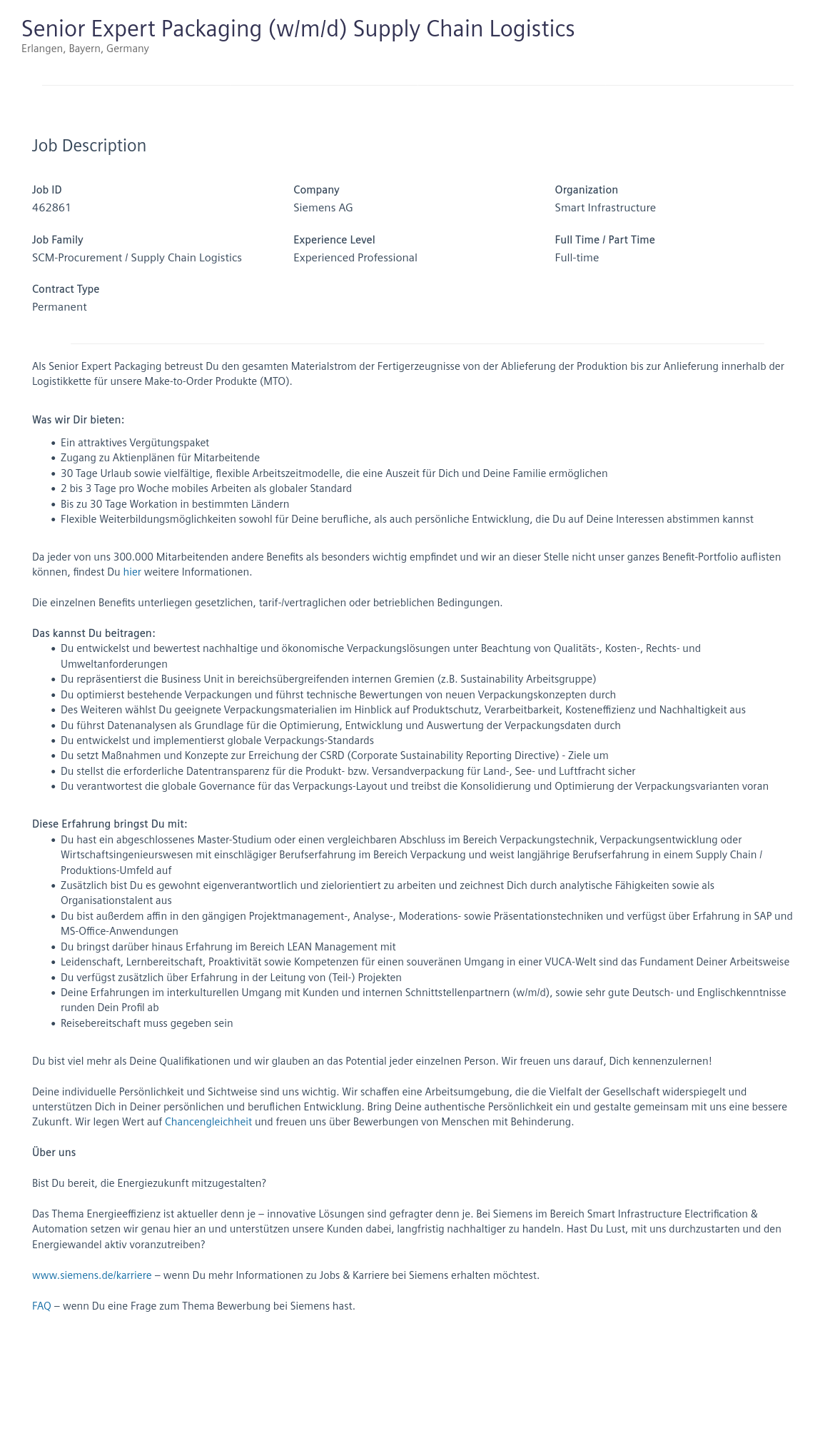 지멘스 Senior Expert Packaging (w/m/d) Supply Chain Logistics 채용공고