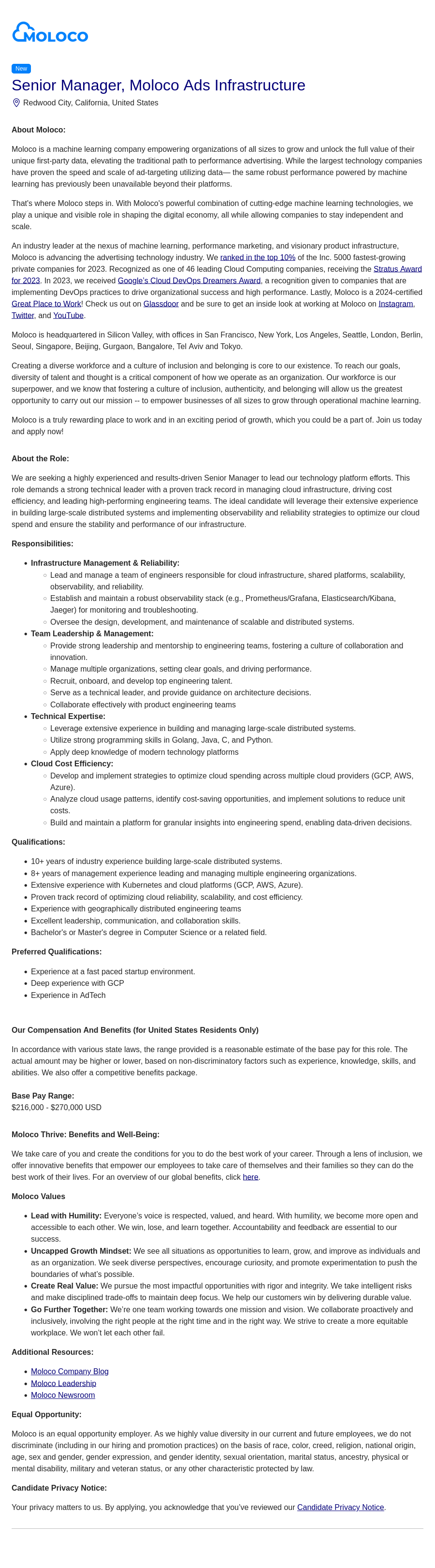 몰로코 Senior Manager, Moloco Ads Infrastructure 채용공고