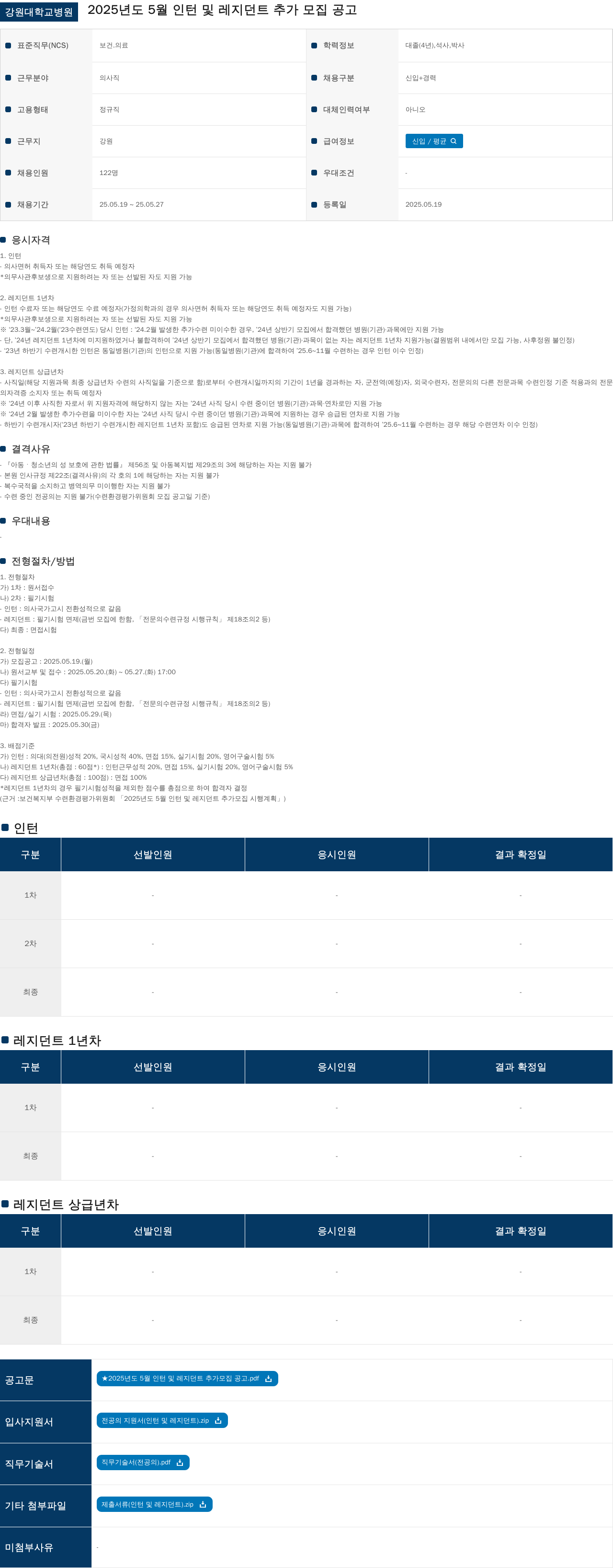 강원대학교병원 2025년도 5월 인턴 및 레지던트 추가 모집 공고 채용공고