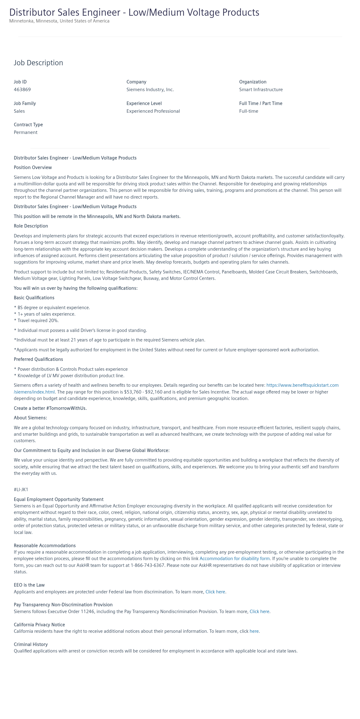 지멘스 Distributor Sales Engineer - Low / Medium Voltage Products 채용공고