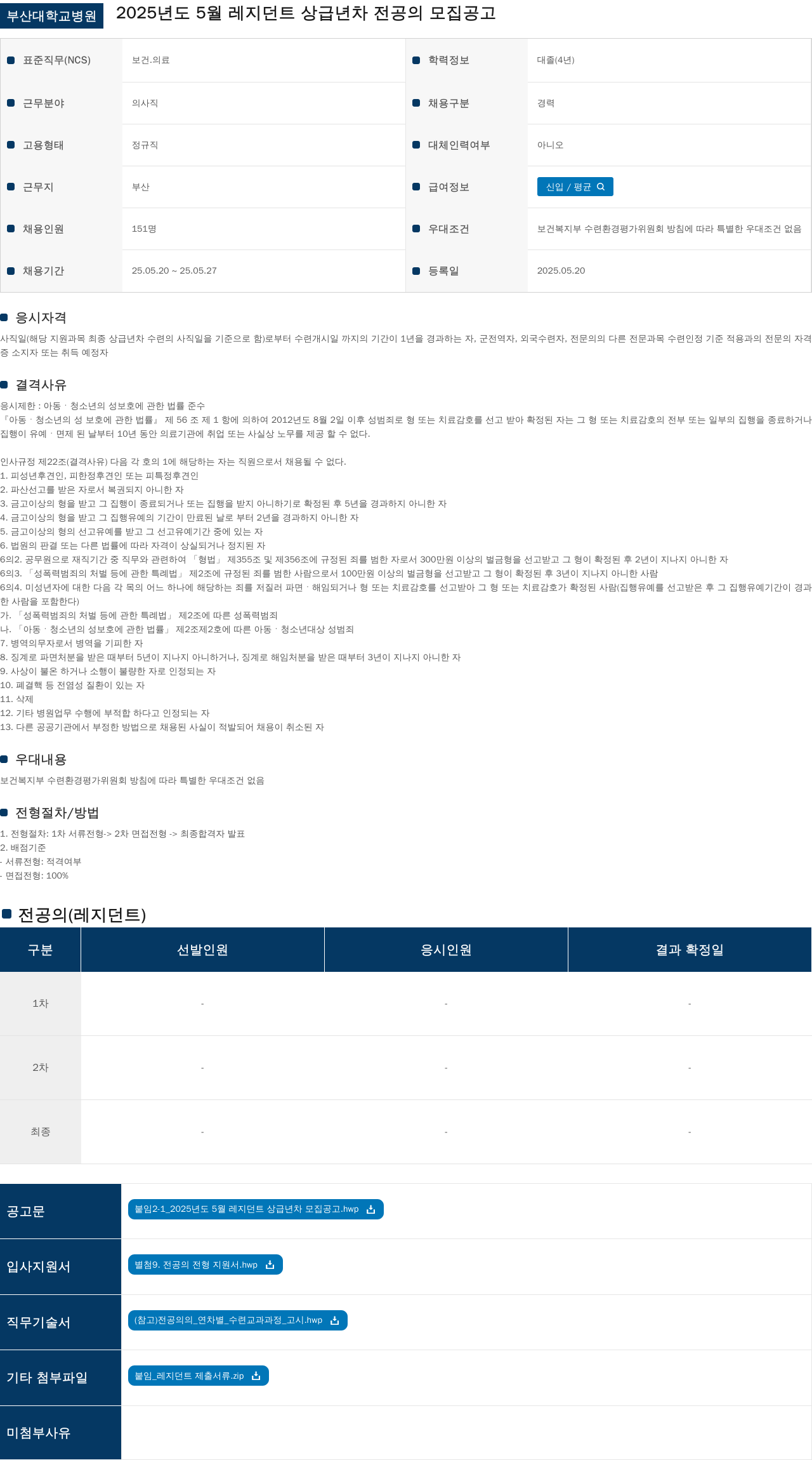 부산대학교병원 2025년도 5월 레지던트 상급년차 전공의 모집 공고 채용공고