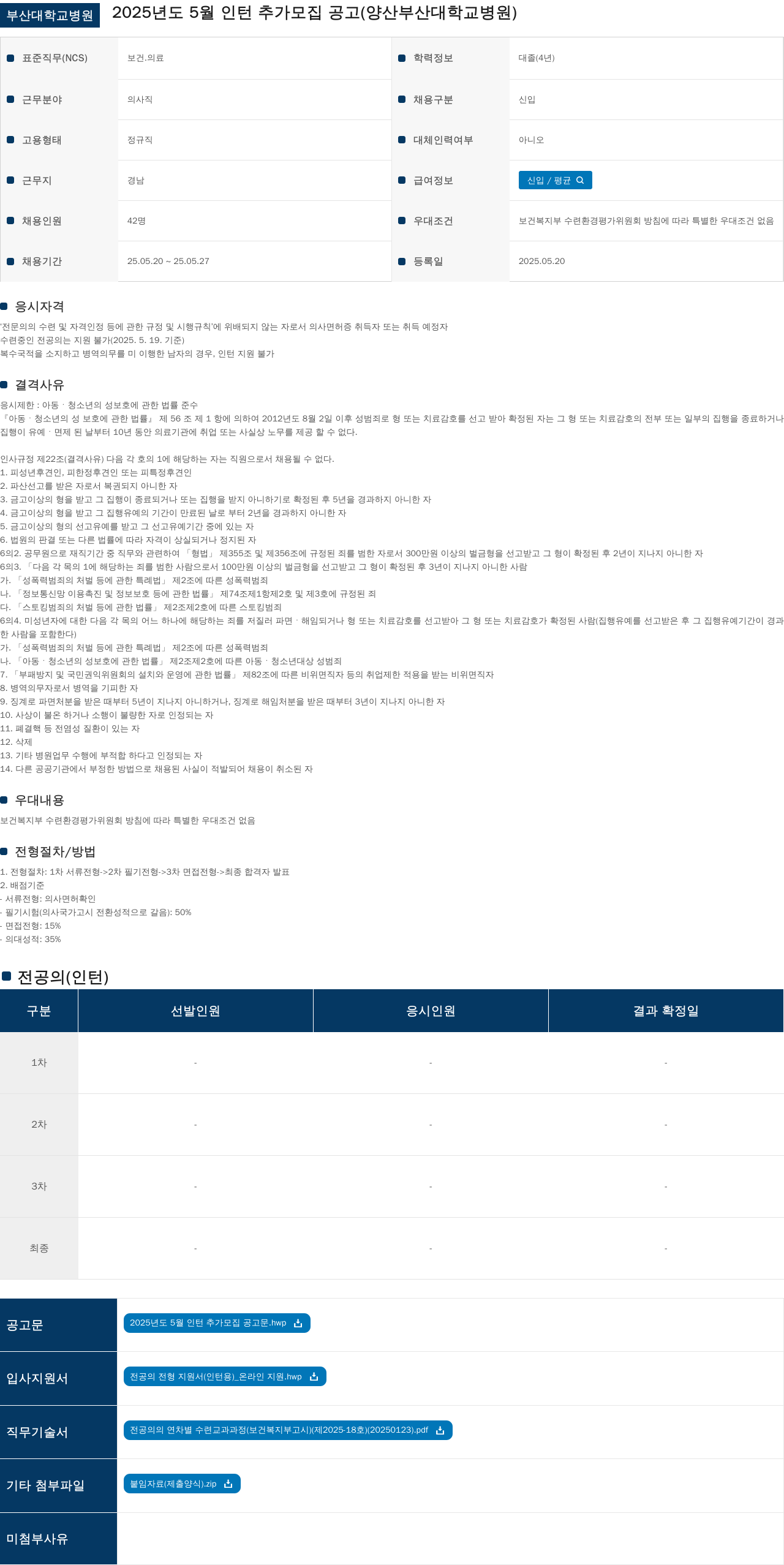 부산대학교병원 2025년도 5월 인턴 추가 모집 공고 (양산 부산대학교병원) 채용공고