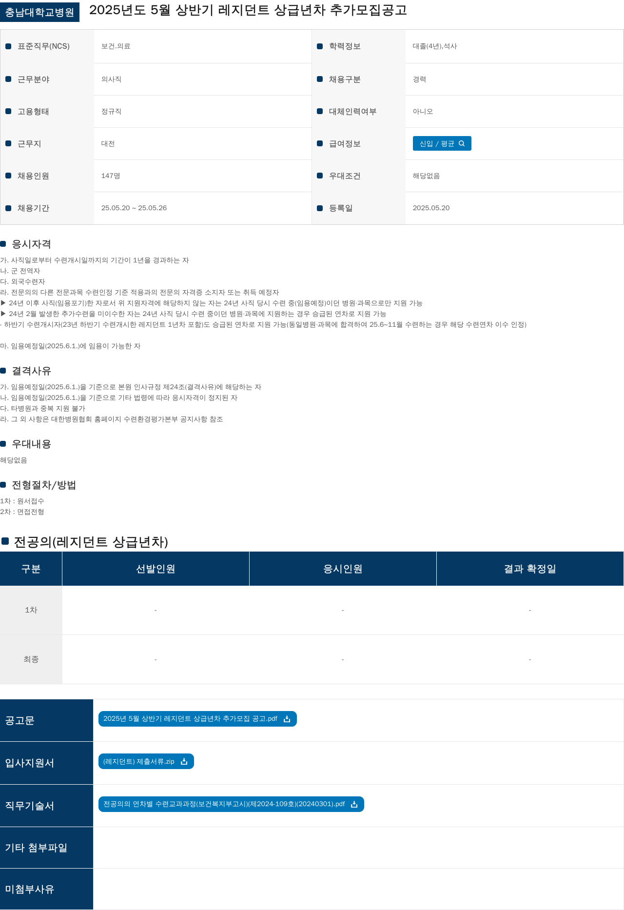 충남대학교병원 2025년도 5월 상반기 레지던트 상급 년차 추가 모집 공고 채용공고