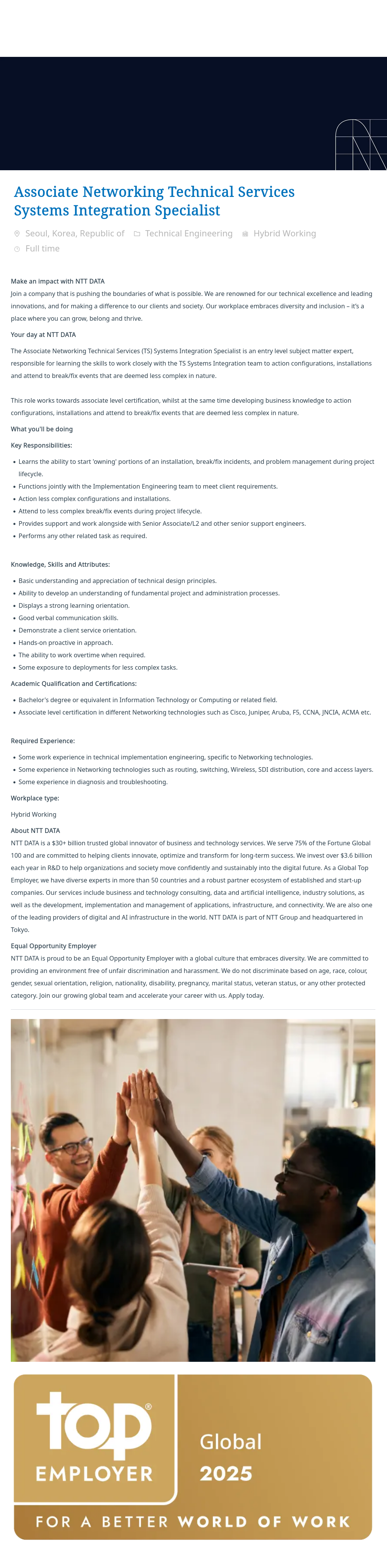 NTT데이터 Associate Networking Technical Services / Systems Integration Specialist 채용공고