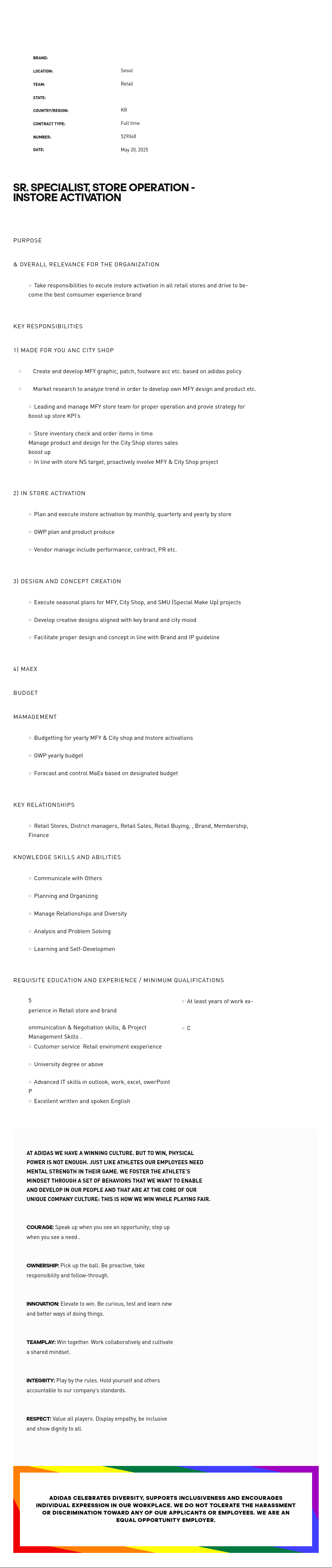 아디다스 SR. SPECIALIST, STORE OPERATION - INSTORE ACTIVATION 채용공고