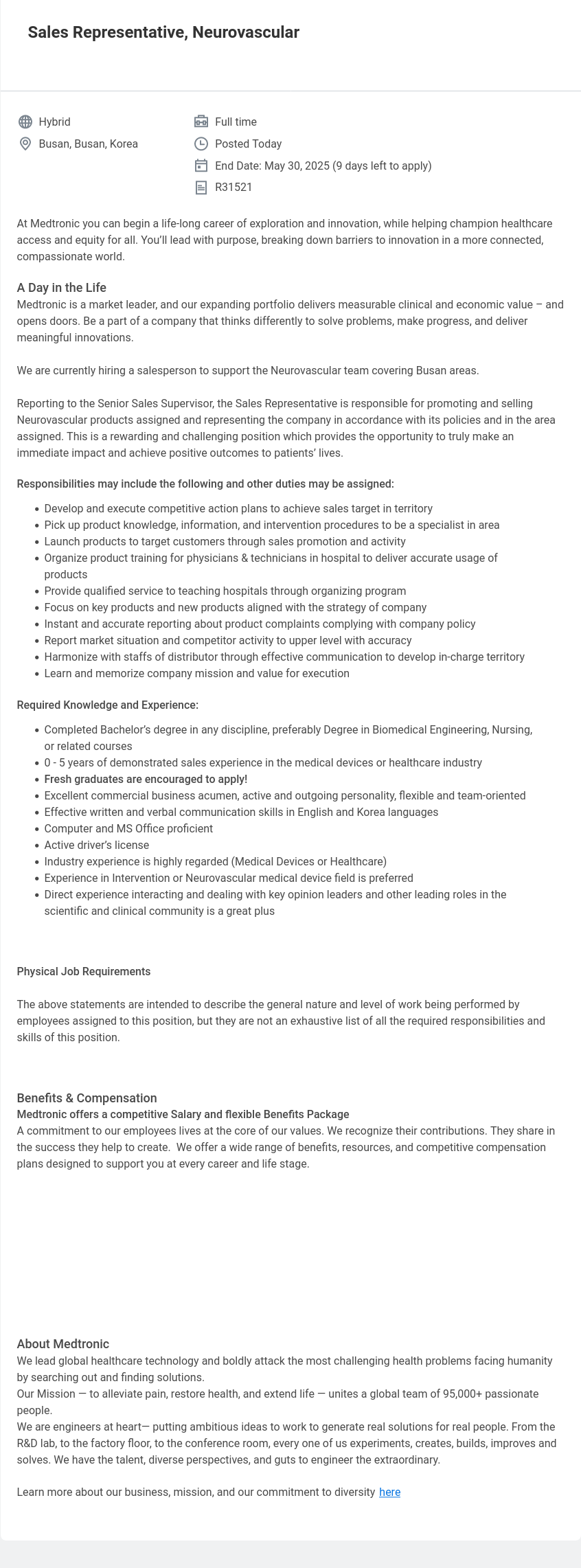 메드트로닉 Sales Representative, Neurovascular 채용공고