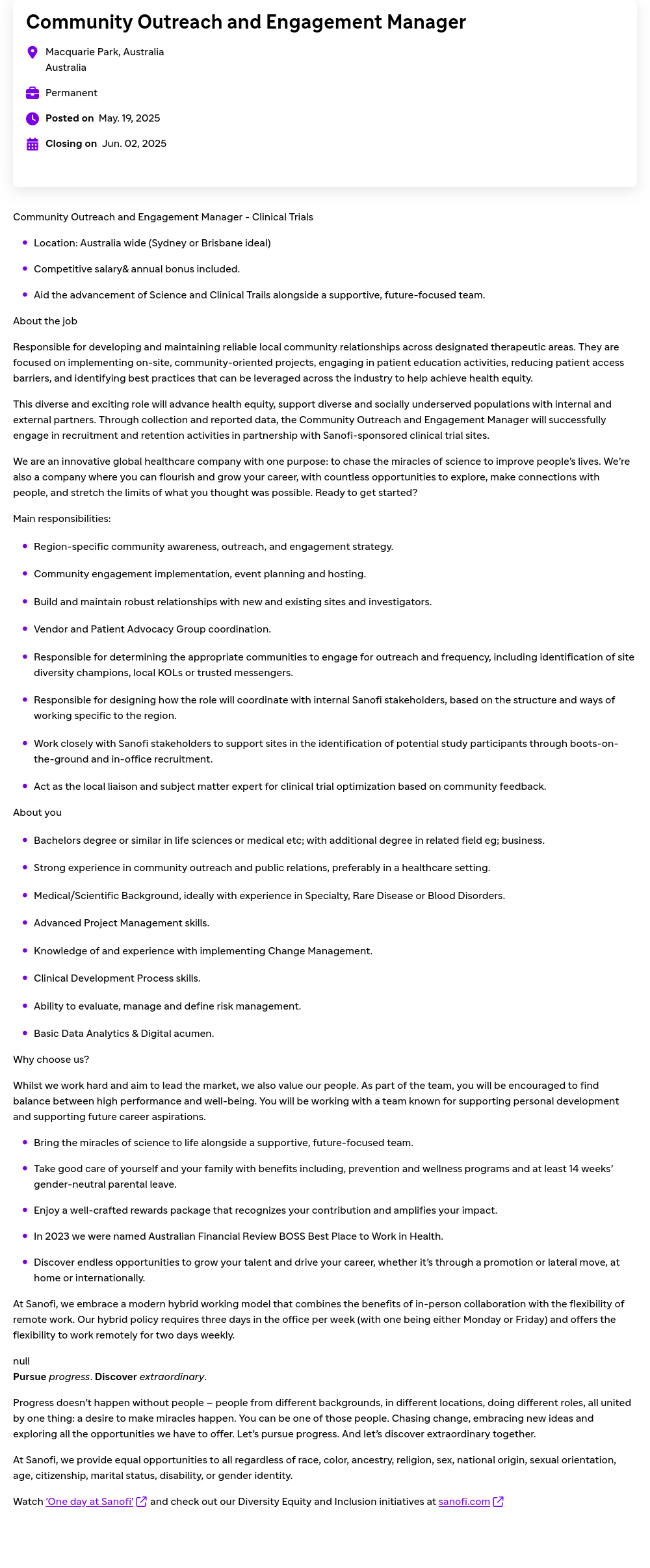 사노피 Community Outreach and Engagement Manager - Clinical Trials 채용공고