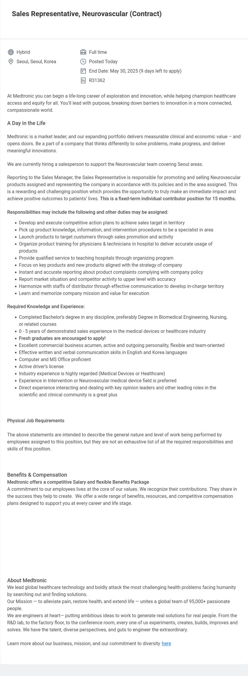 메드트로닉 Sales Representative, Neurovascular (Contract) 채용공고