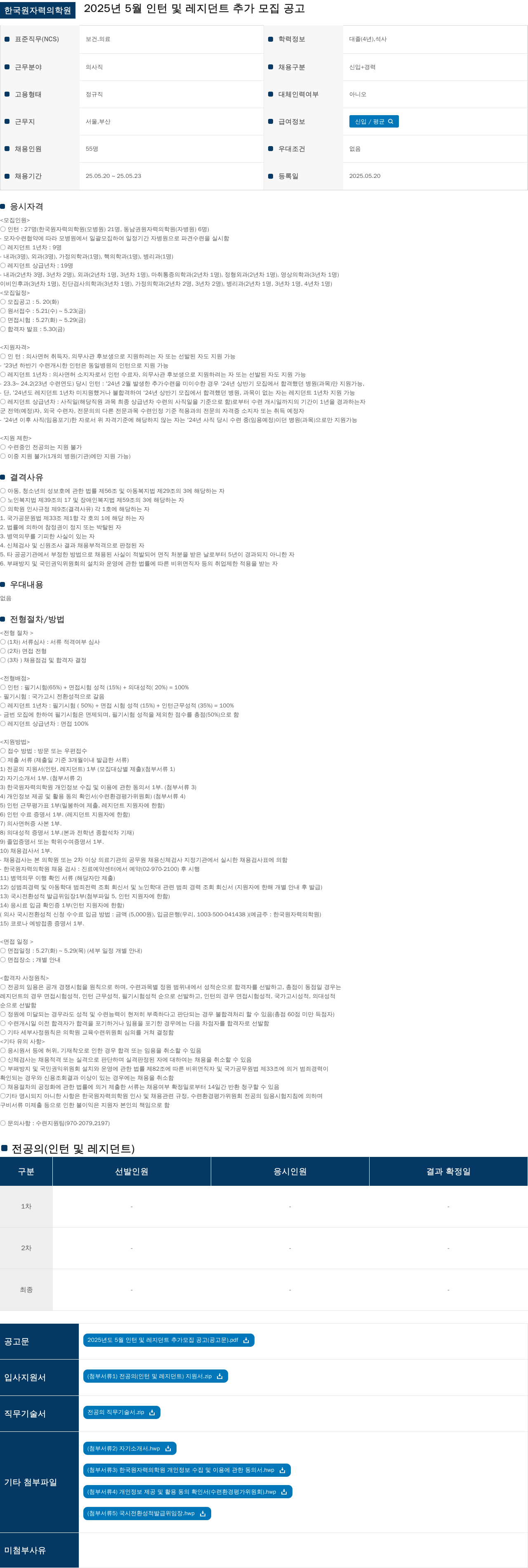 한국원자력의학원 2025년 5월 인턴 및 레지던트 추가 모집 공고 채용공고