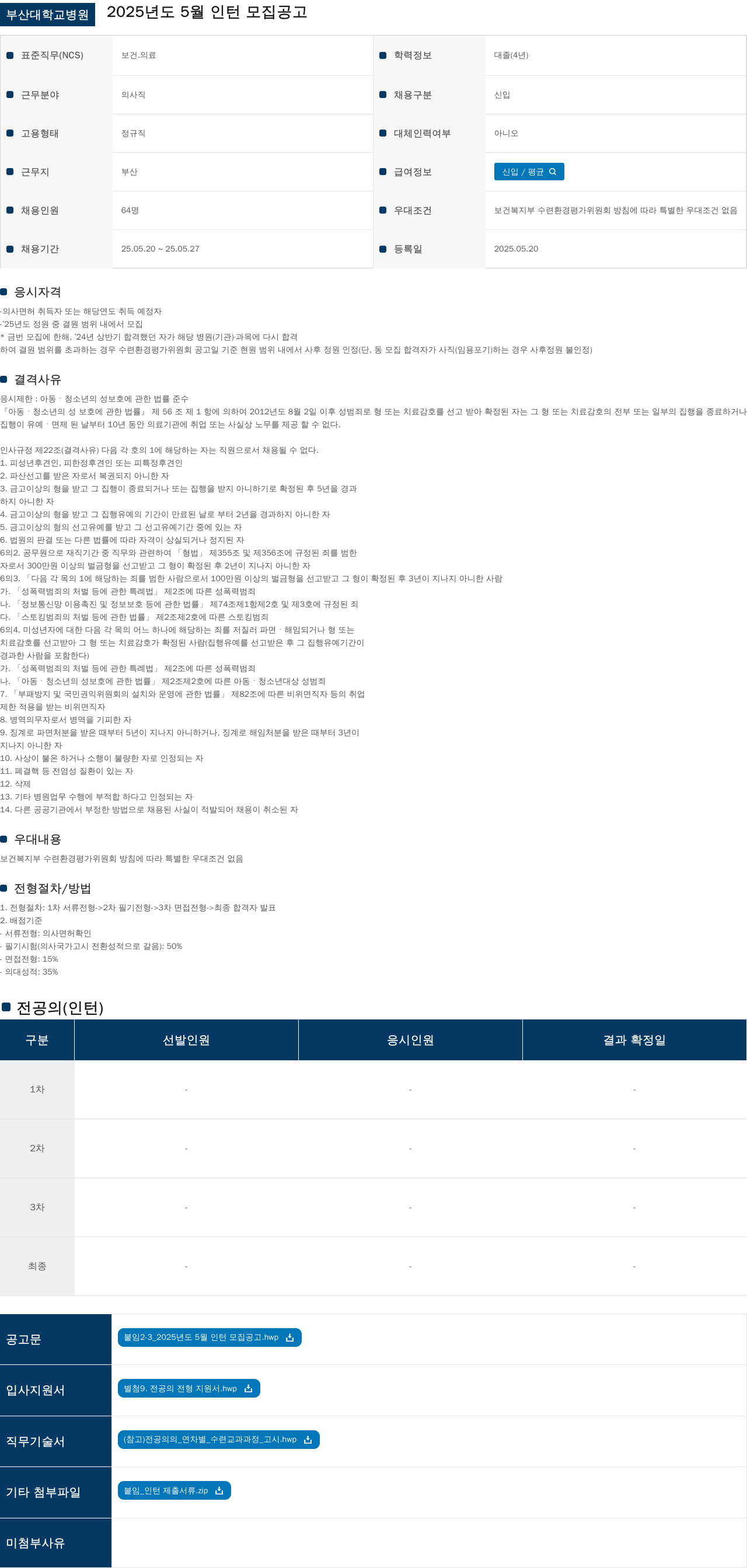부산대학교병원 2025년도 5월 인턴 모집 공고 채용공고