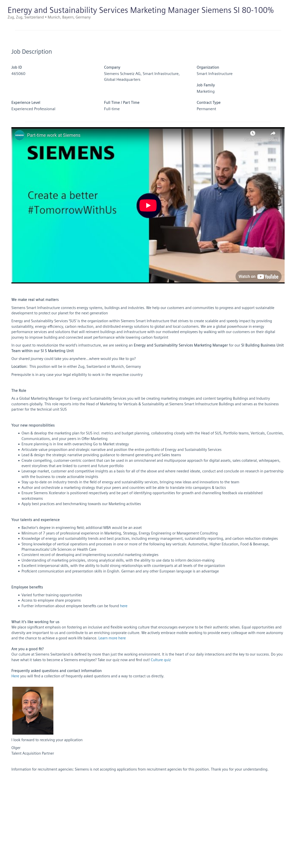 지멘스 Energy and Sustainability Services Marketing Manager Siemens SI 80-100% 채용공고