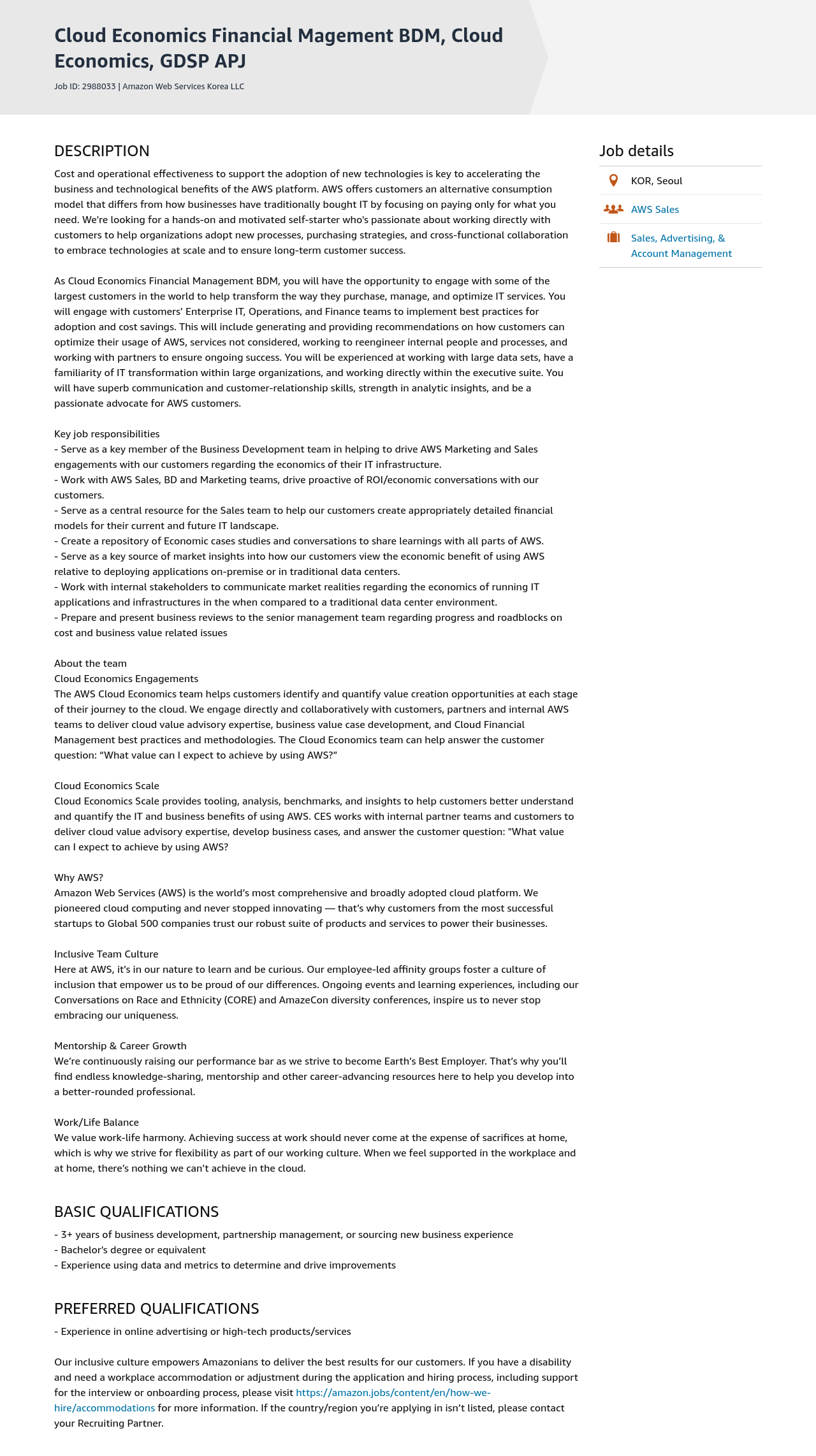 AWS Cloud Economics Financial Management BDM, Cloud Economics, GDSP APJ 채용공고