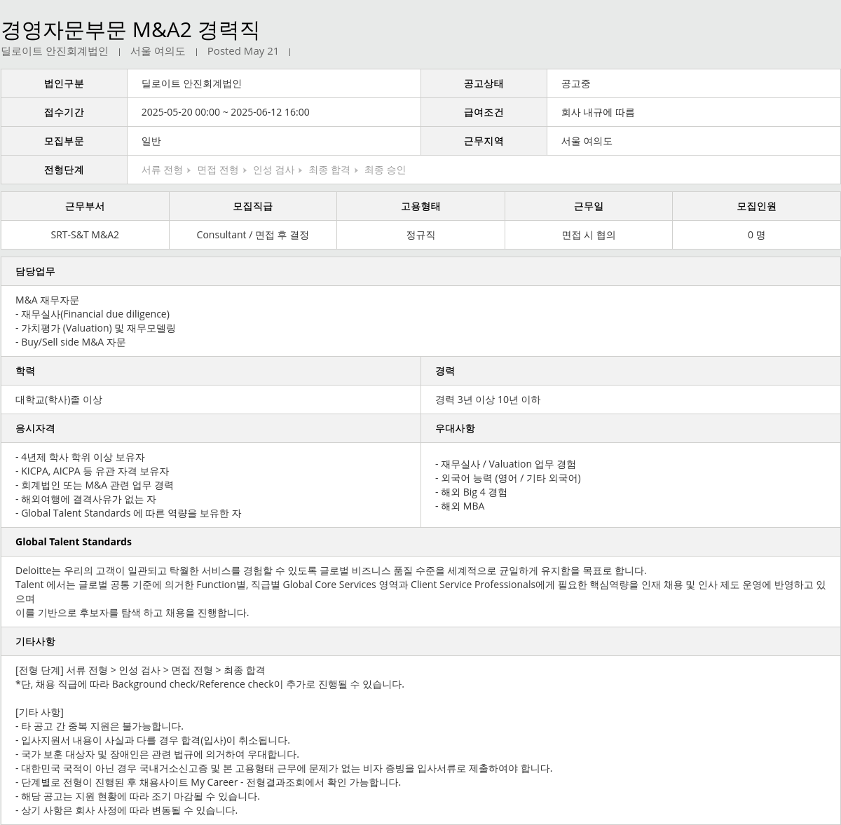 딜로이트안진 경영 자문 부문 M&A2 경력직 채용공고