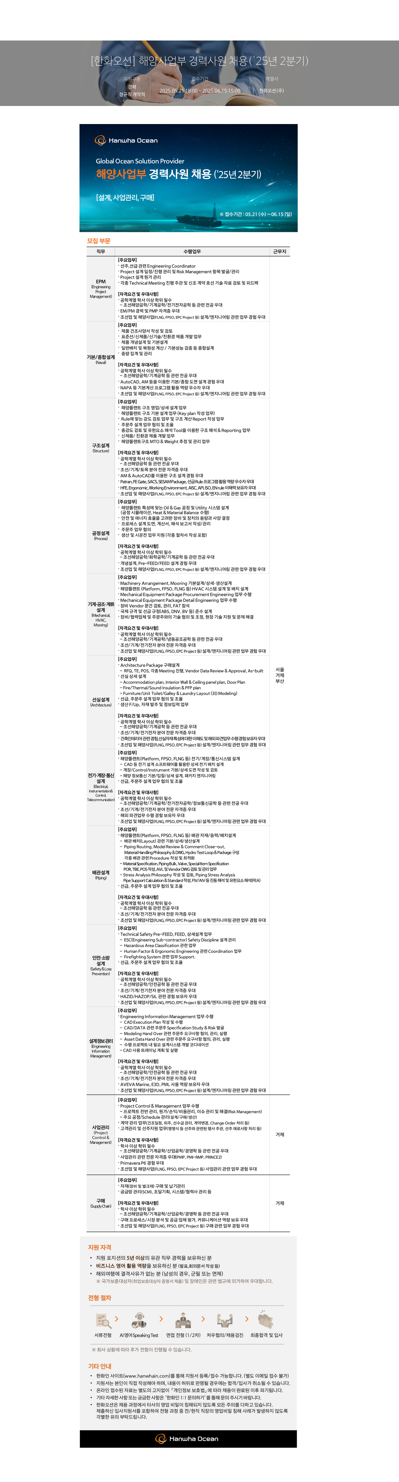 한화오션 해양 사업부 경력 사원 채용 (2025년 2분기) 채용공고
