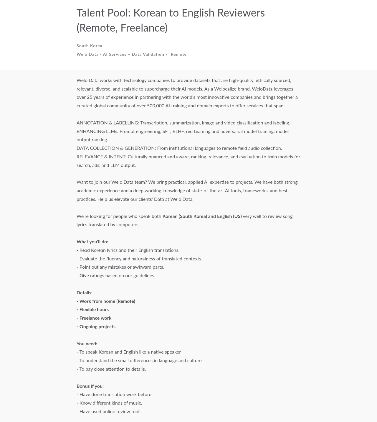 Welocalize Talent Pool : Korean to English Reviewers (Remote, Freelance) 채용공고