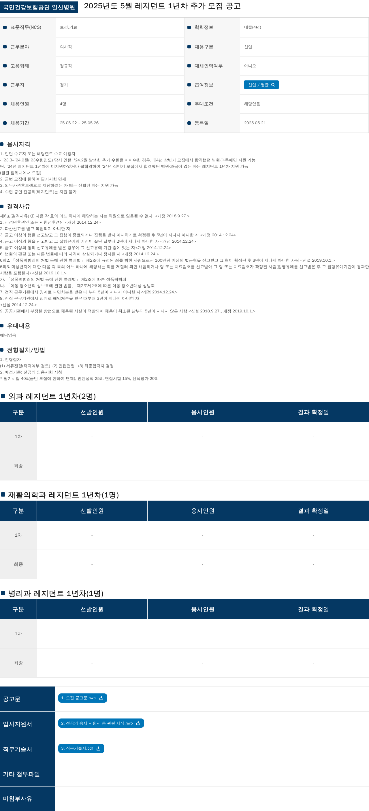 국민건강보험공단일산병원 2025년도 5월 레지던트 1년차 추가 모집 공고 채용공고