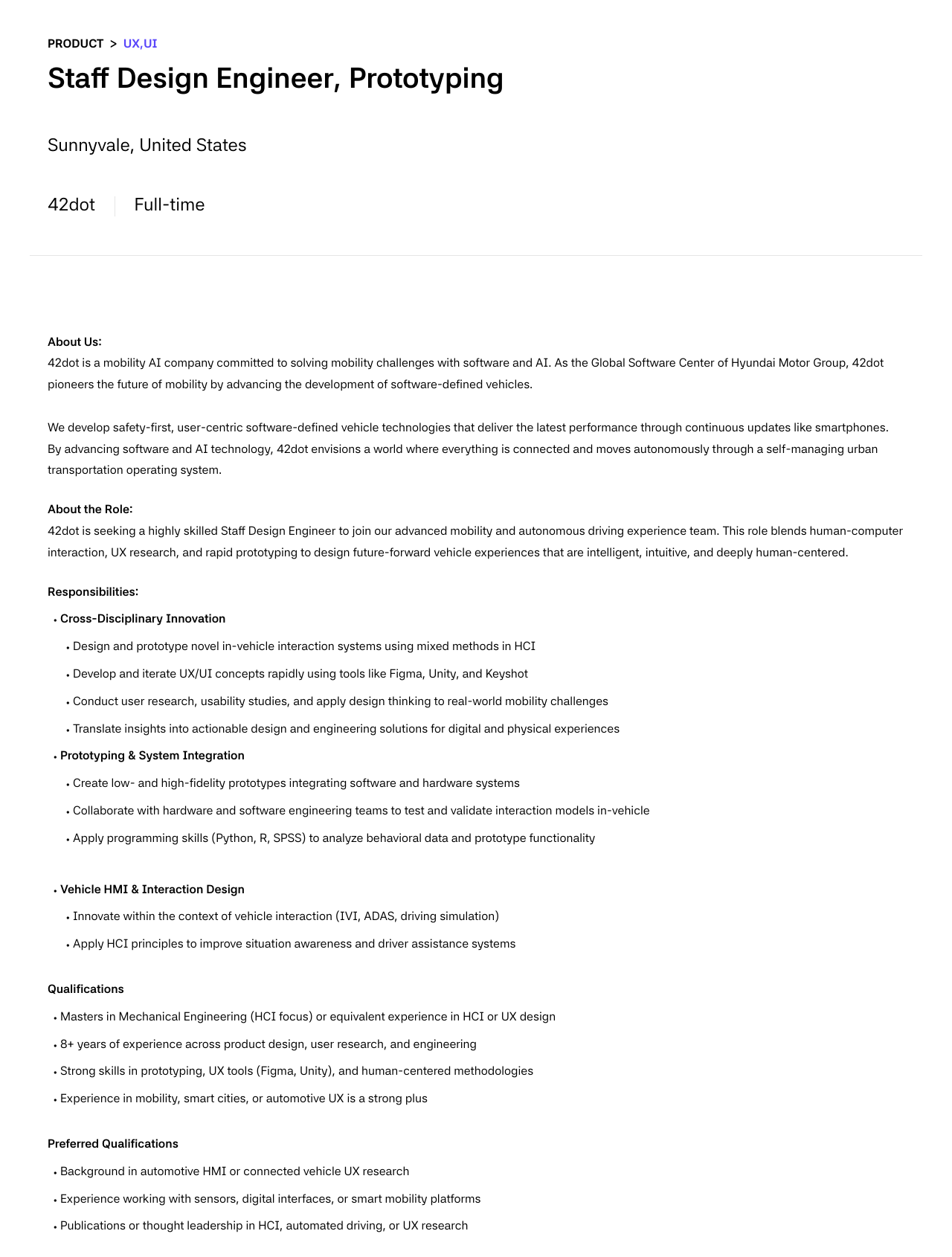 42dot Staff Design Engineer, Prototyping 채용공고
