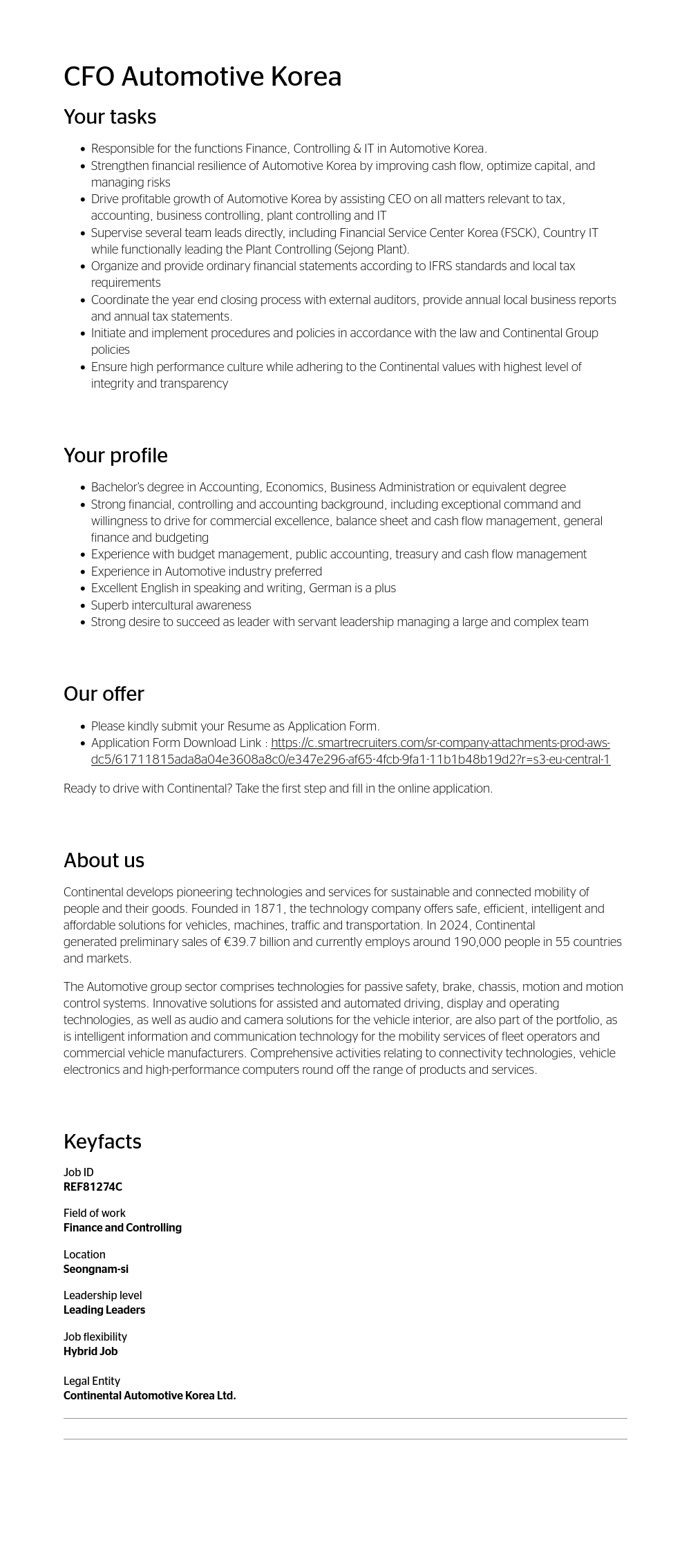 콘티넨탈 AG CFO Automotive Korea 채용공고