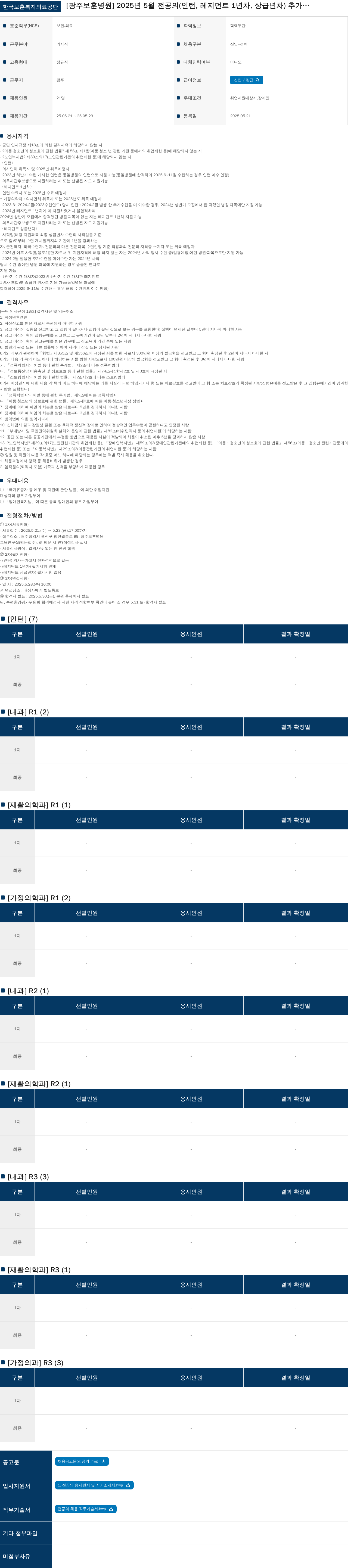 한국보훈복지의료공단 2025년 5월 전공의(인턴, 레지던트 1년차, 상급년차) 추가 채용 채용공고