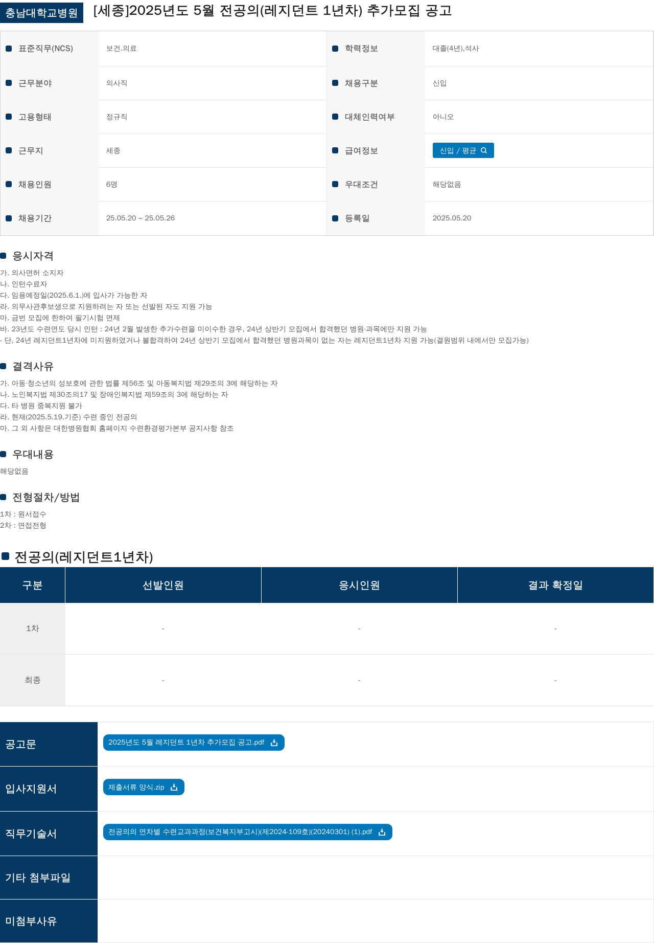 충남대학교병원 [세종] 2025년도 5월 전공의(레지던트 1년차) 추가 모집 공고 채용공고