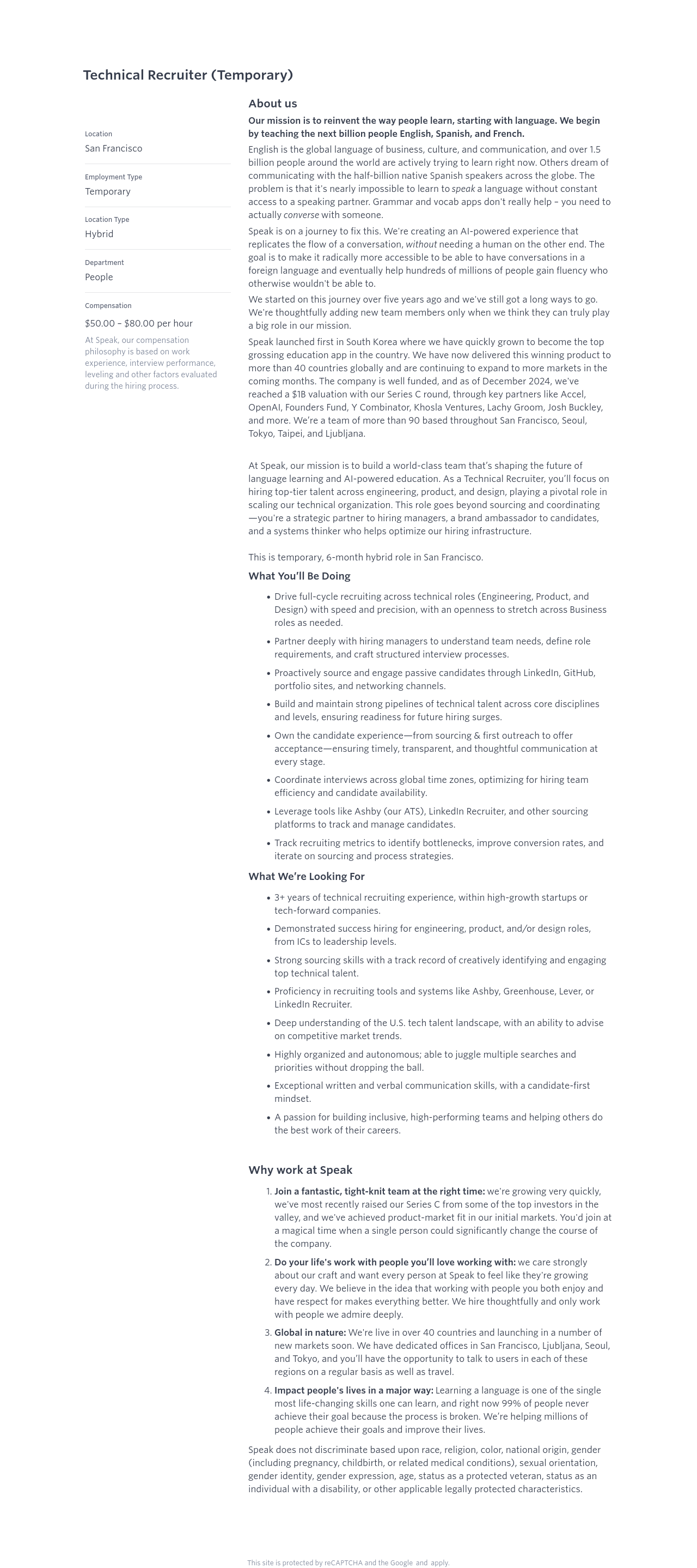 스픽 Technical Recruiter (Temporary) 채용공고