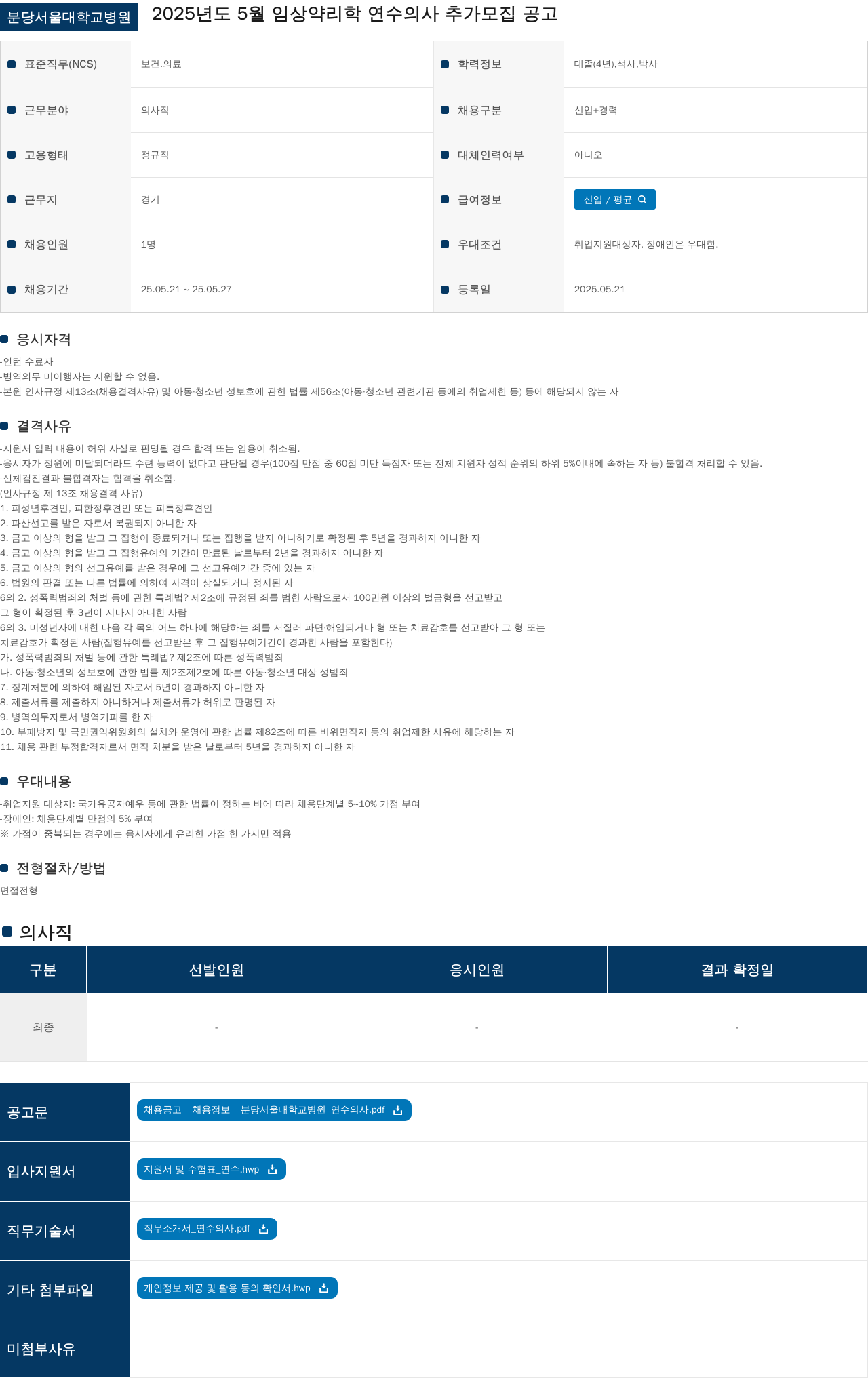 분당서울대학교병원 2025년도 5월 임상약리학 연수의사 추가 모집 공고 채용공고