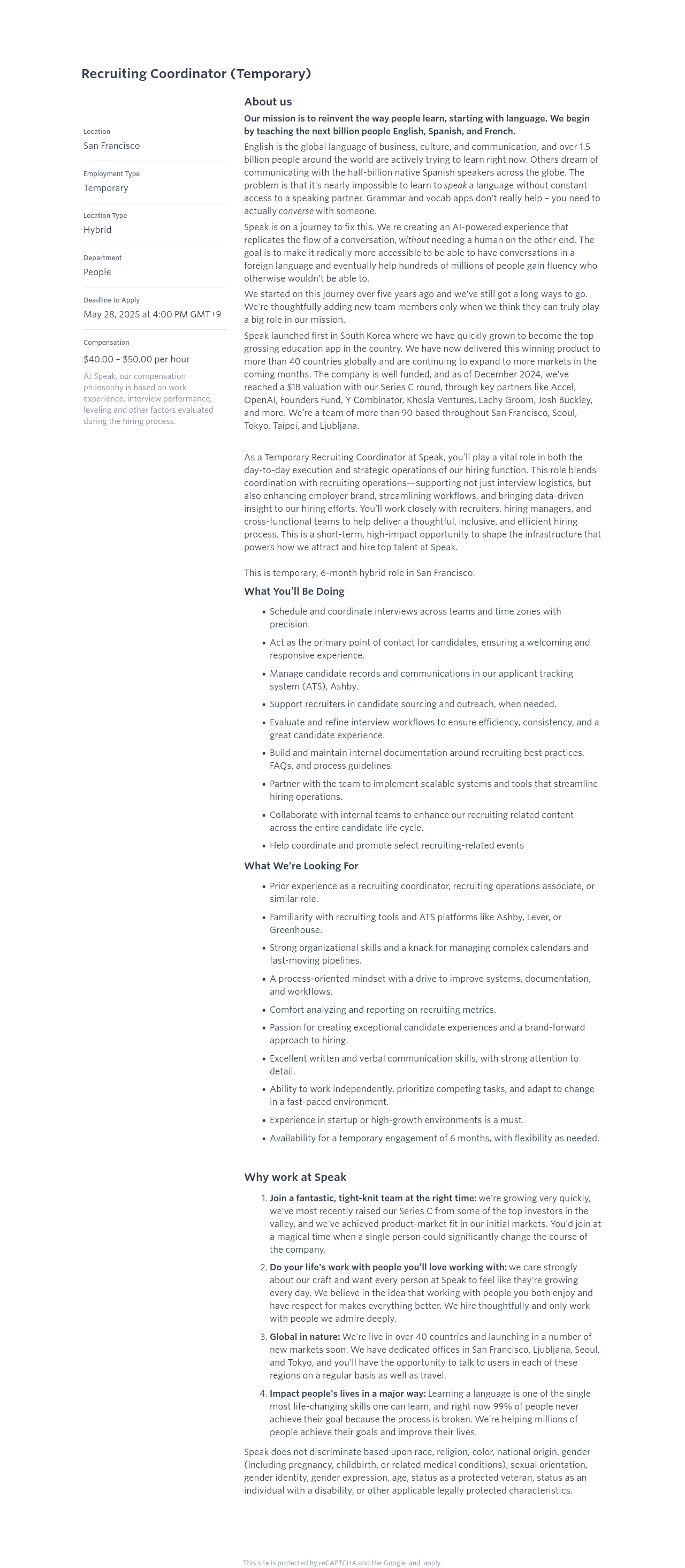 스픽 Recruiting Coordinator (Temporary) 채용공고