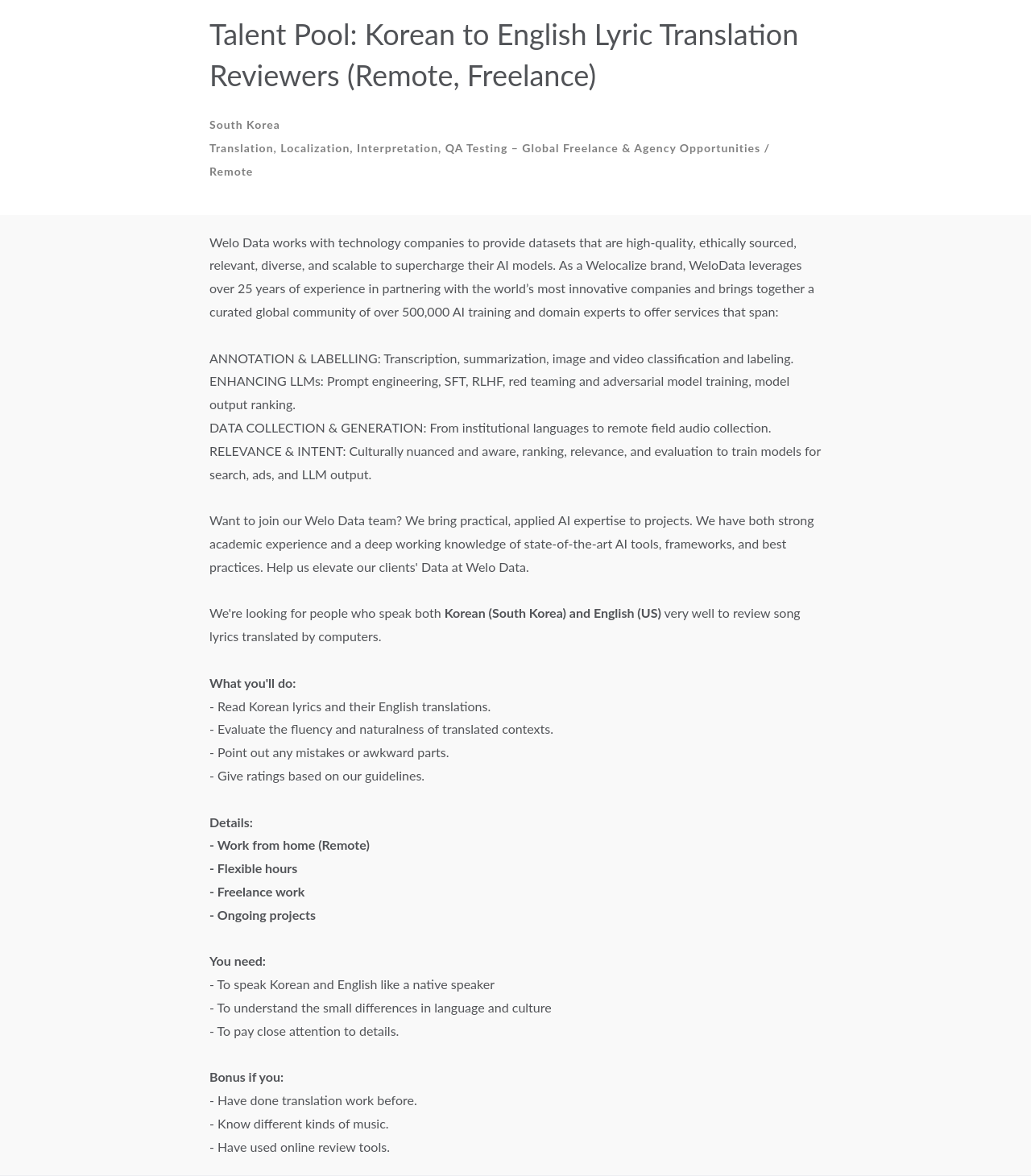 Welocalize Talent Pool : Korean to English Lyric Translation Reviewers (Remote, Freelance) 채용공고