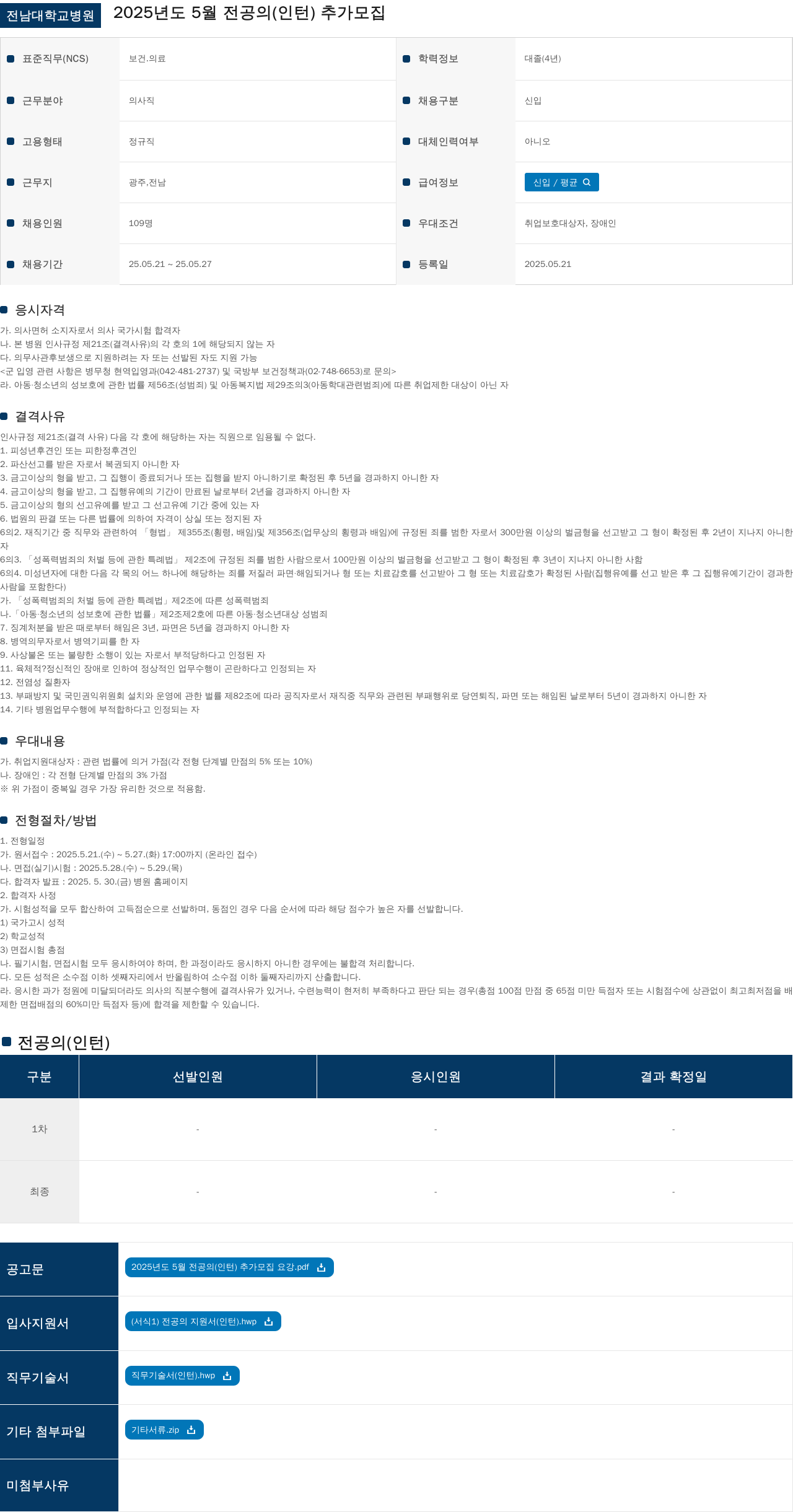 전남대학교병원 2025년도 5월 전공의(인턴) 추가 모집 채용공고