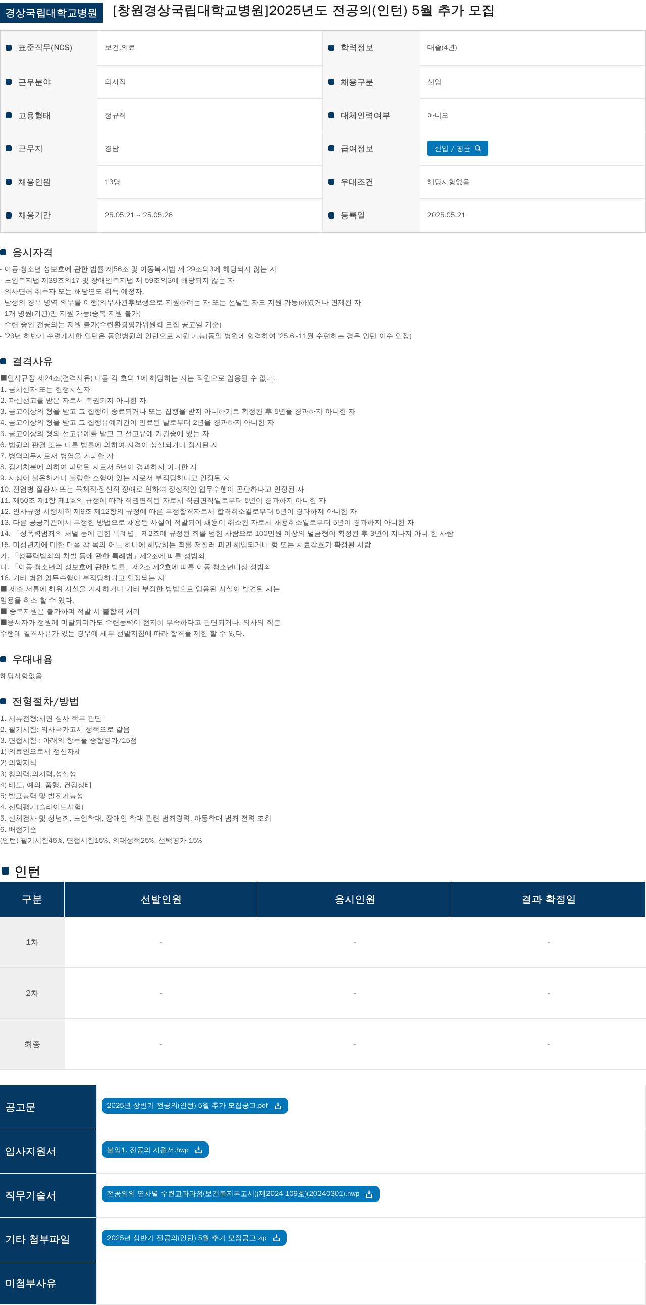 경상국립대학교병원 2025년도 전공의(인턴) 5월 추가 모집 채용공고