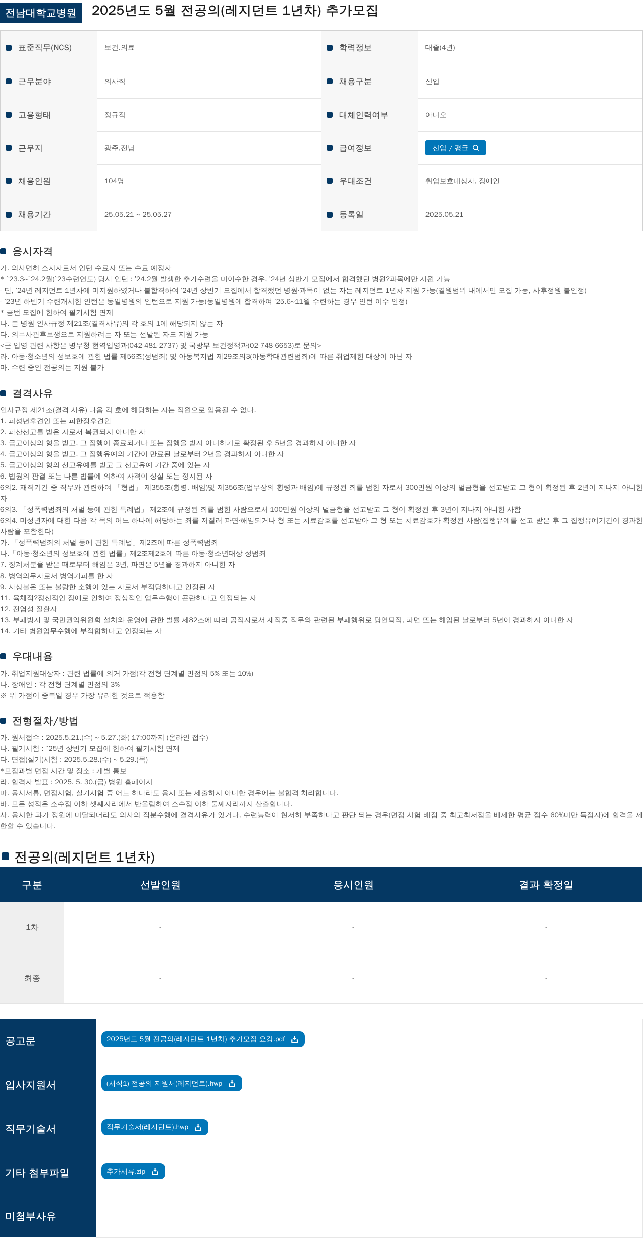 전남대학교병원 2025년도 5월 전공의(레지던트 1년차) 추가 모집 채용공고